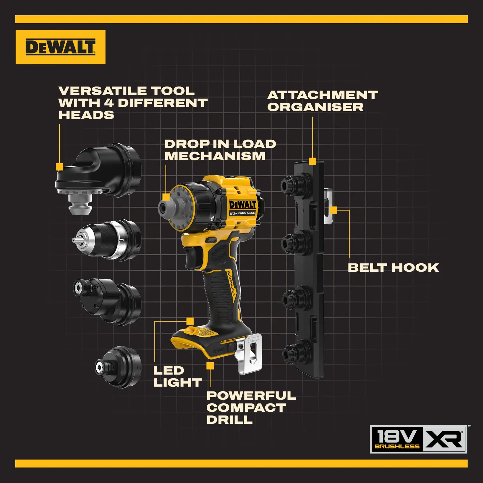 DEWALT 18V XR compact drill with four heads, LED light, attachment organiser, and belt hook.