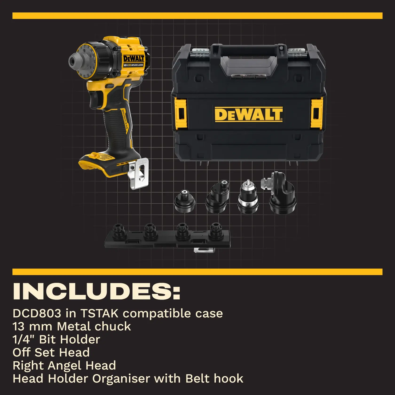 DEWALT DCD803 drill, accessories and case. Includes heads, bit holder, right angle head, organiser with belt hook.