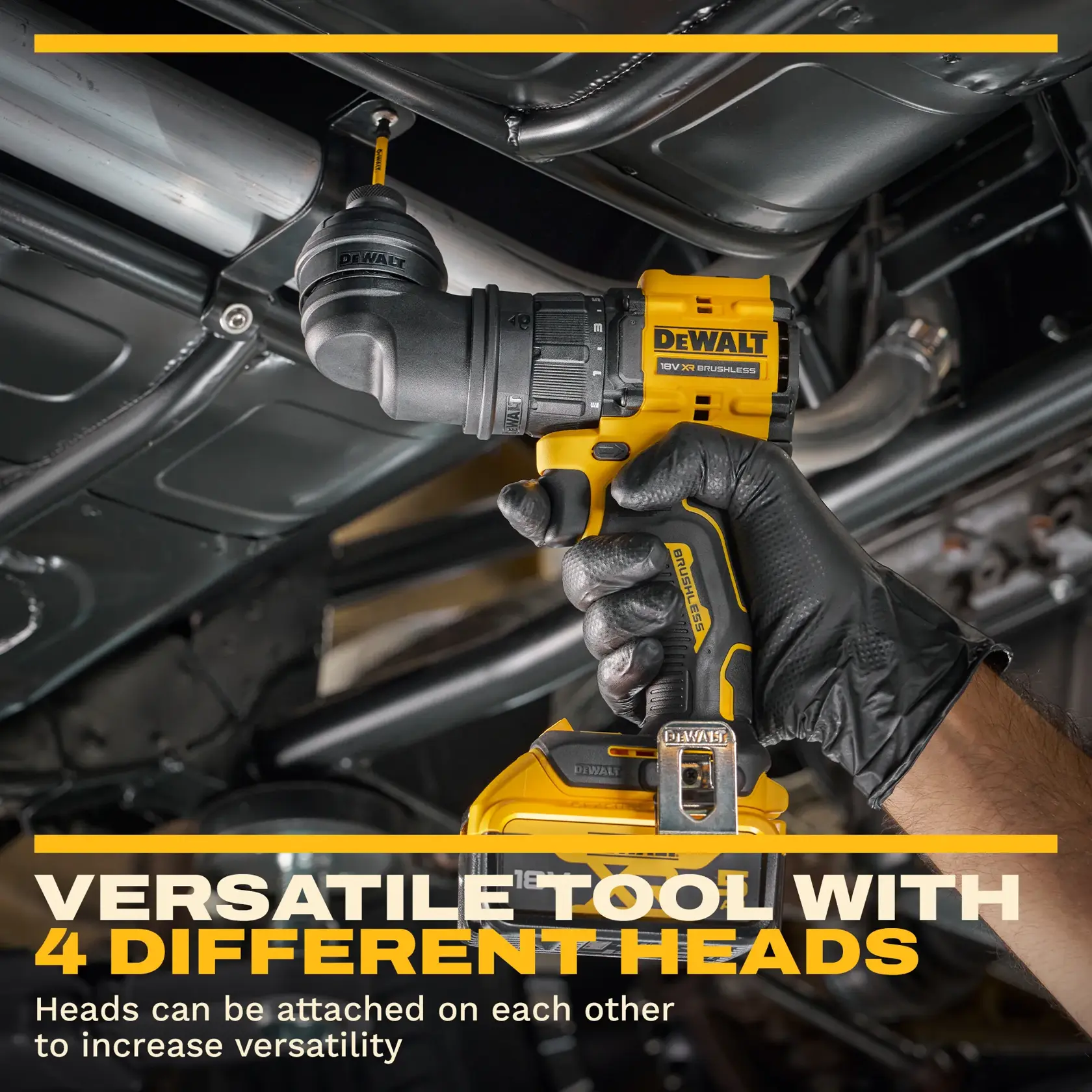 DEWALT drill with interchangeable heads being used under a vehicle, showing tool versatility.