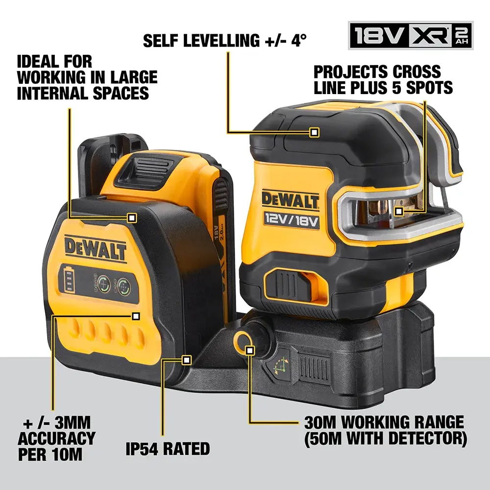 DEWALT® 12V/18V XR® Green Cross Line Laser (3 x 360) (1 X 2 Ah)