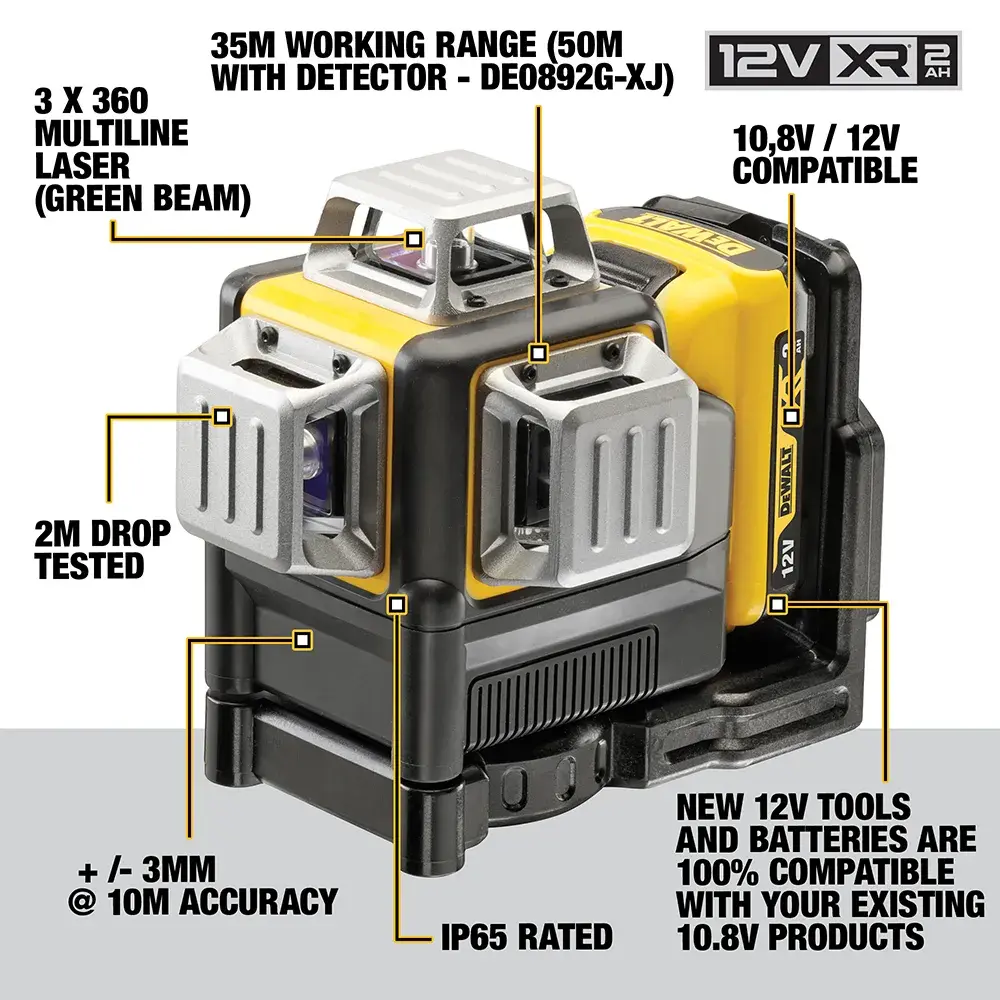 DEWALT® 12V XR® 3 X 360 Cross Line Green Laser (1X 2Ah)