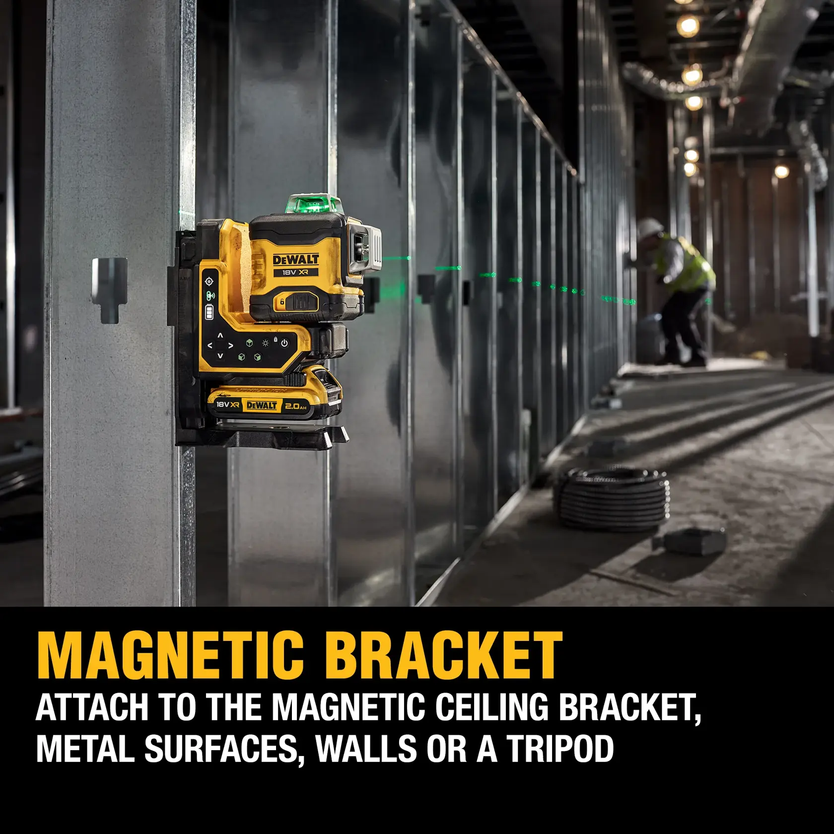 A DEWALT 18V XR laser level device with a robust yellow and black casing, visible control buttons, and a battery attached at the base. The product is designed for precision alignment and measuring tasks in construction or photography settings.