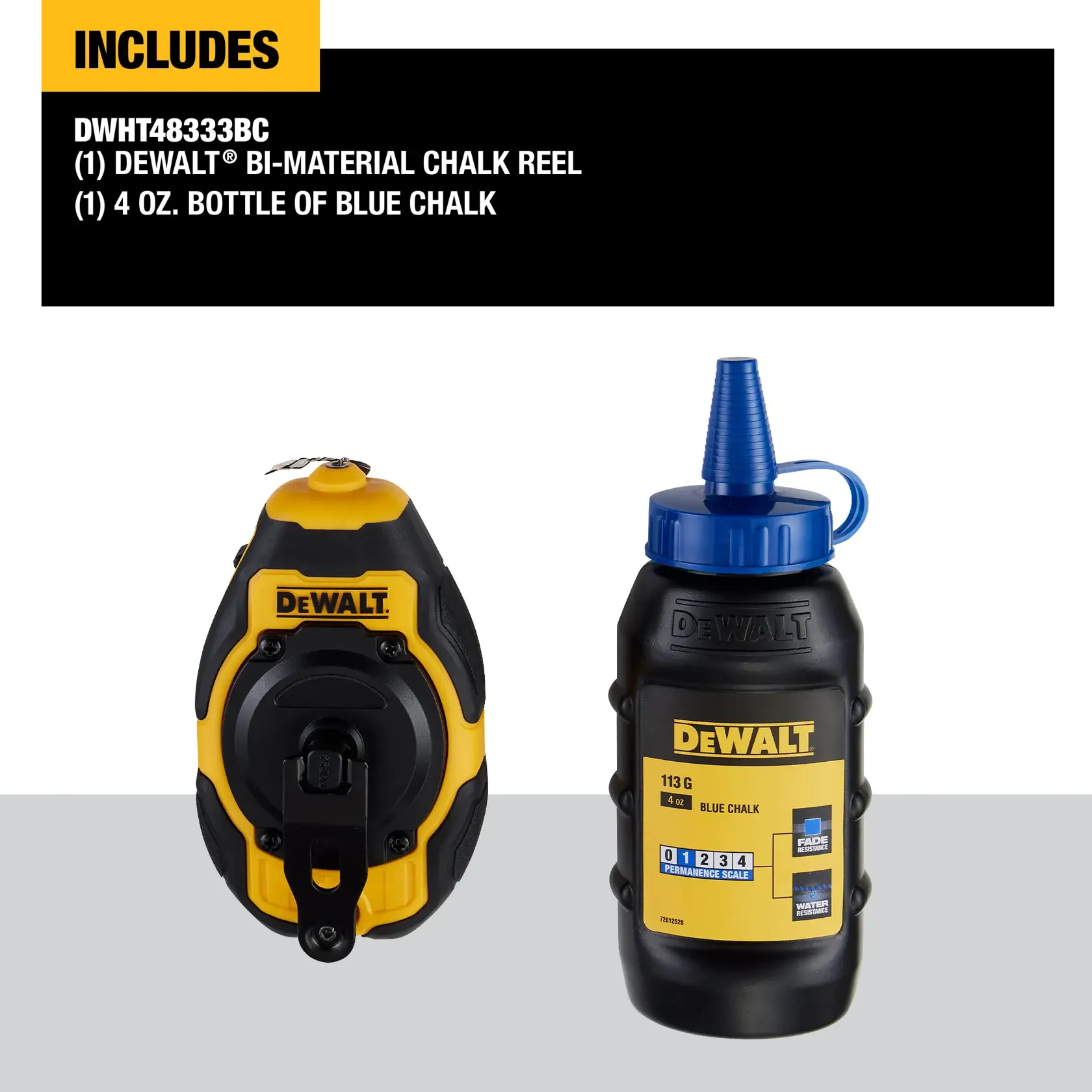 DEWALT DWHT48333BC set, featuring a bi-material chalk reel and a 4 oz. bottle of blue chalk. Both items are displayed with prominent DEWALT branding and product details.