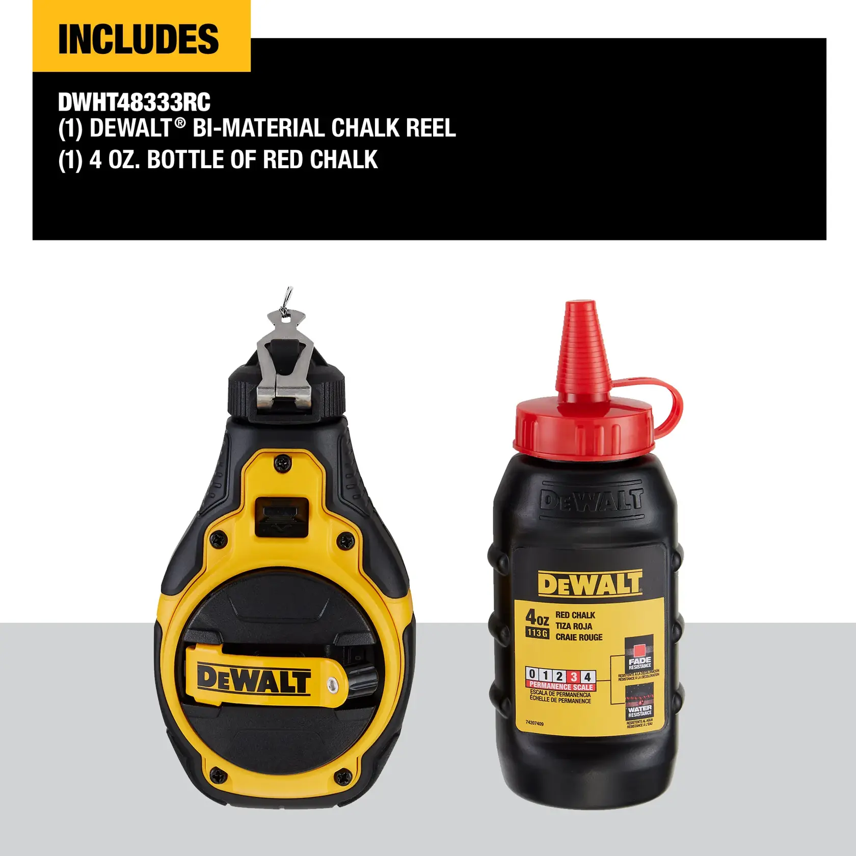 Image showing a DEWALT bi-material chalk reel and a 4 oz. bottle of red chalk. The chalk reel is mainly black and yellow, and the chalk bottle is black with a red cap and yellow label. Text above describes the contents: DWHT48333RC, DEWALT Bi-Material Chalk Reel, 4 oz. Bottle of Red Chalk.