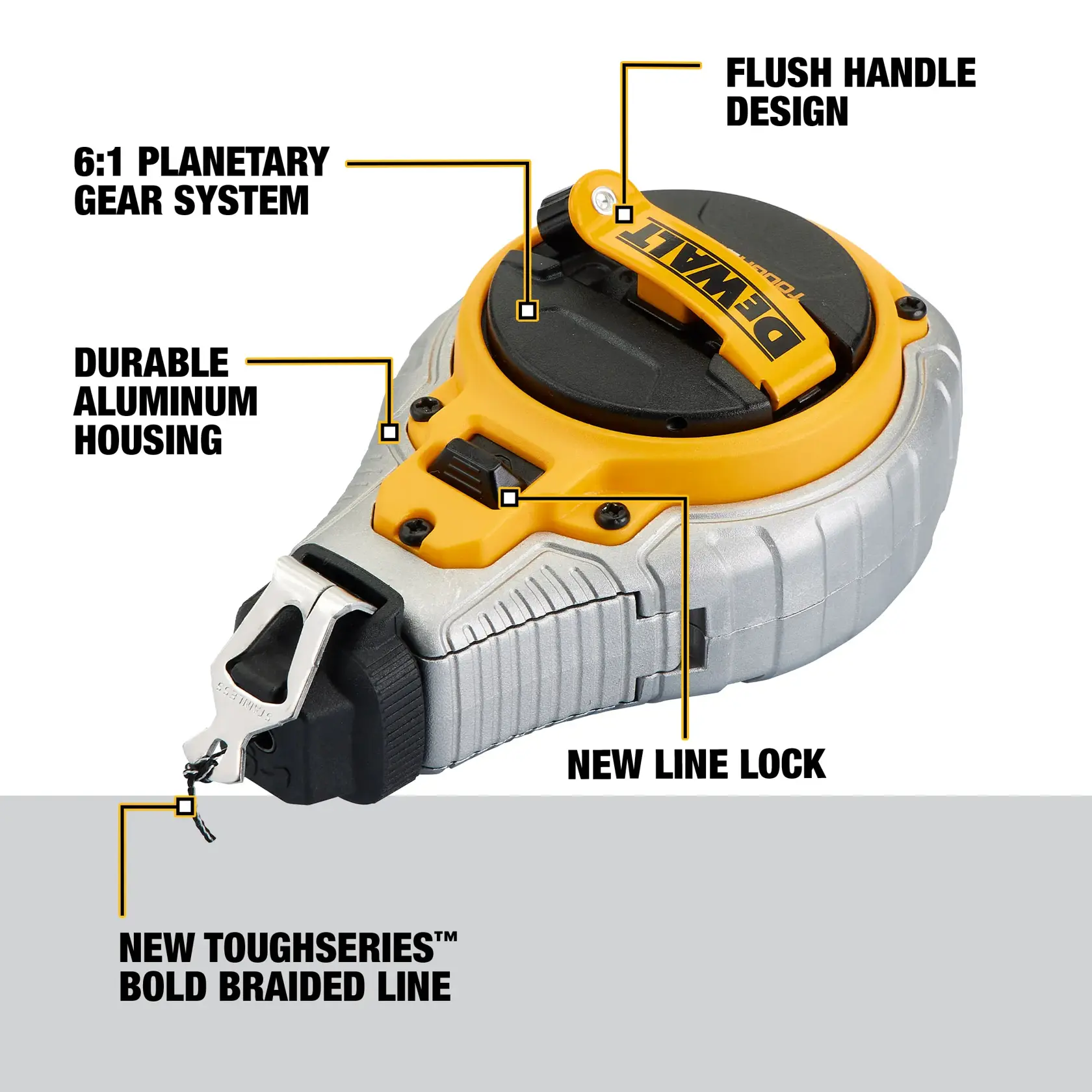 DEWALT ToughSeries chalk reel featuring a flush handle design, durable aluminum housing, 6:1 planetary gear system, new line lock, and a new bold braided line.