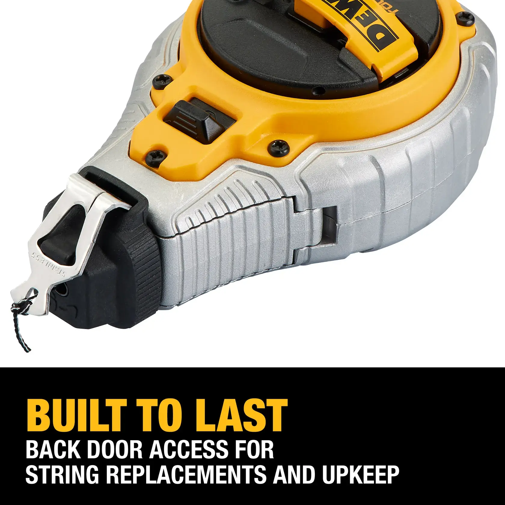 A close-up image of a DEWALT chalk line tool, featuring a durable silver and yellow body with a metal clip. Text below reads: 'Built to Last. Back door access for string replacements and upkeep.'