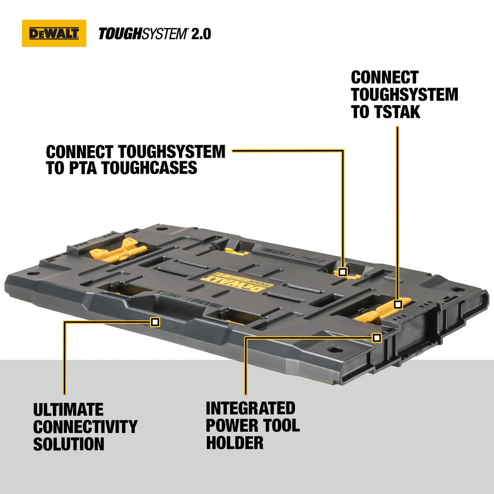 A hand is placing a yellow and black DEWALT cordless drill onto a stack of DEWALT ToughSystem 2.0 toolboxes in a construction setting with wooden framing in the background.