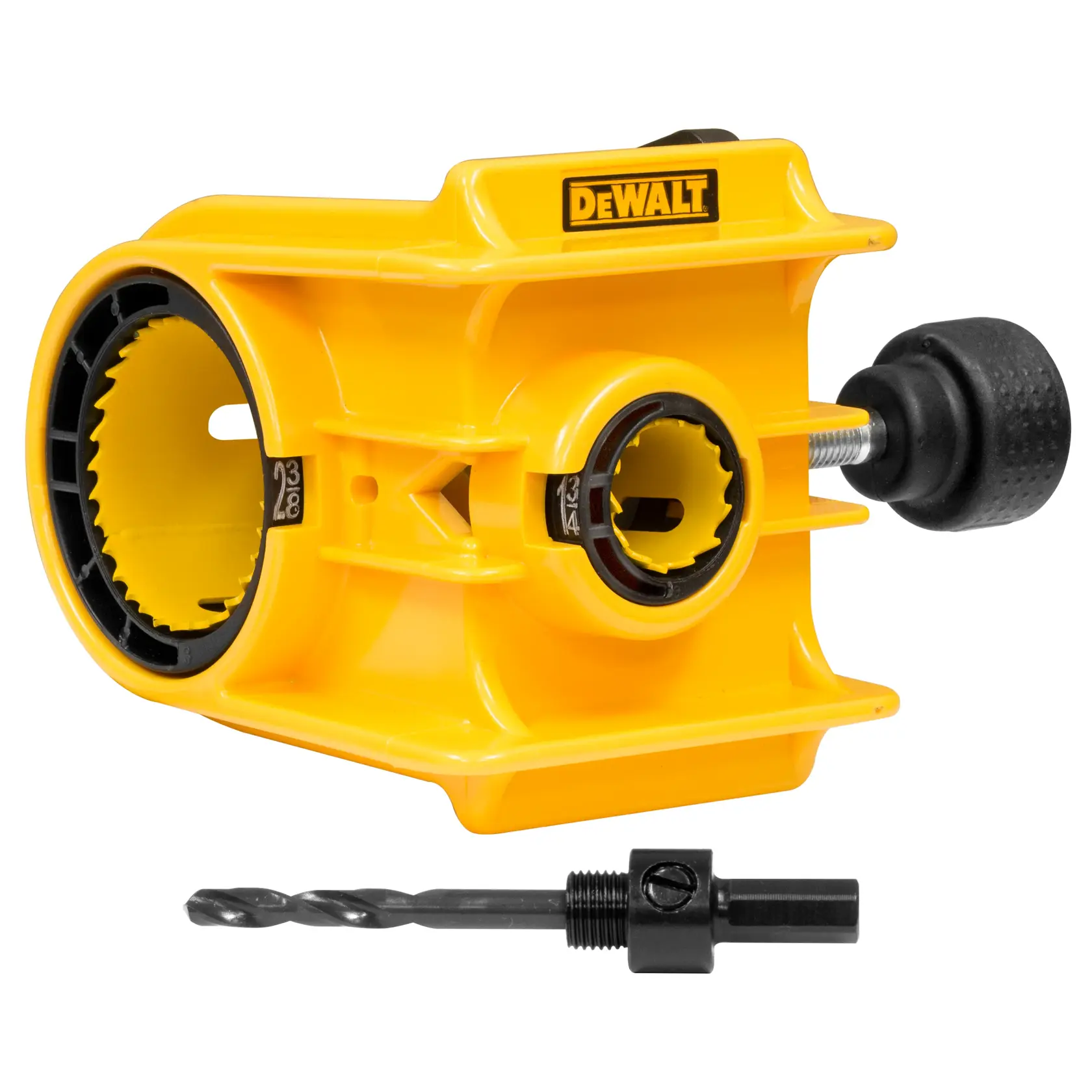 A yellow DEWALT hole saw kit accessory, featuring circular openings for various saw sizes and a black adjustment knob on the side.