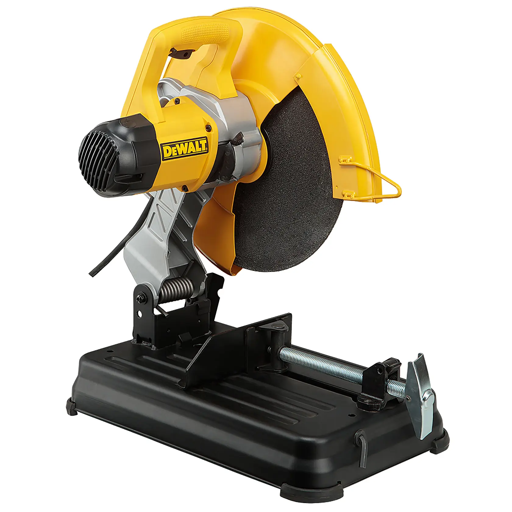 A DEWALT D28730 chop saw with a yellow protective guard, black cutting wheel, and sturdy black base, designed for metal cutting tasks.