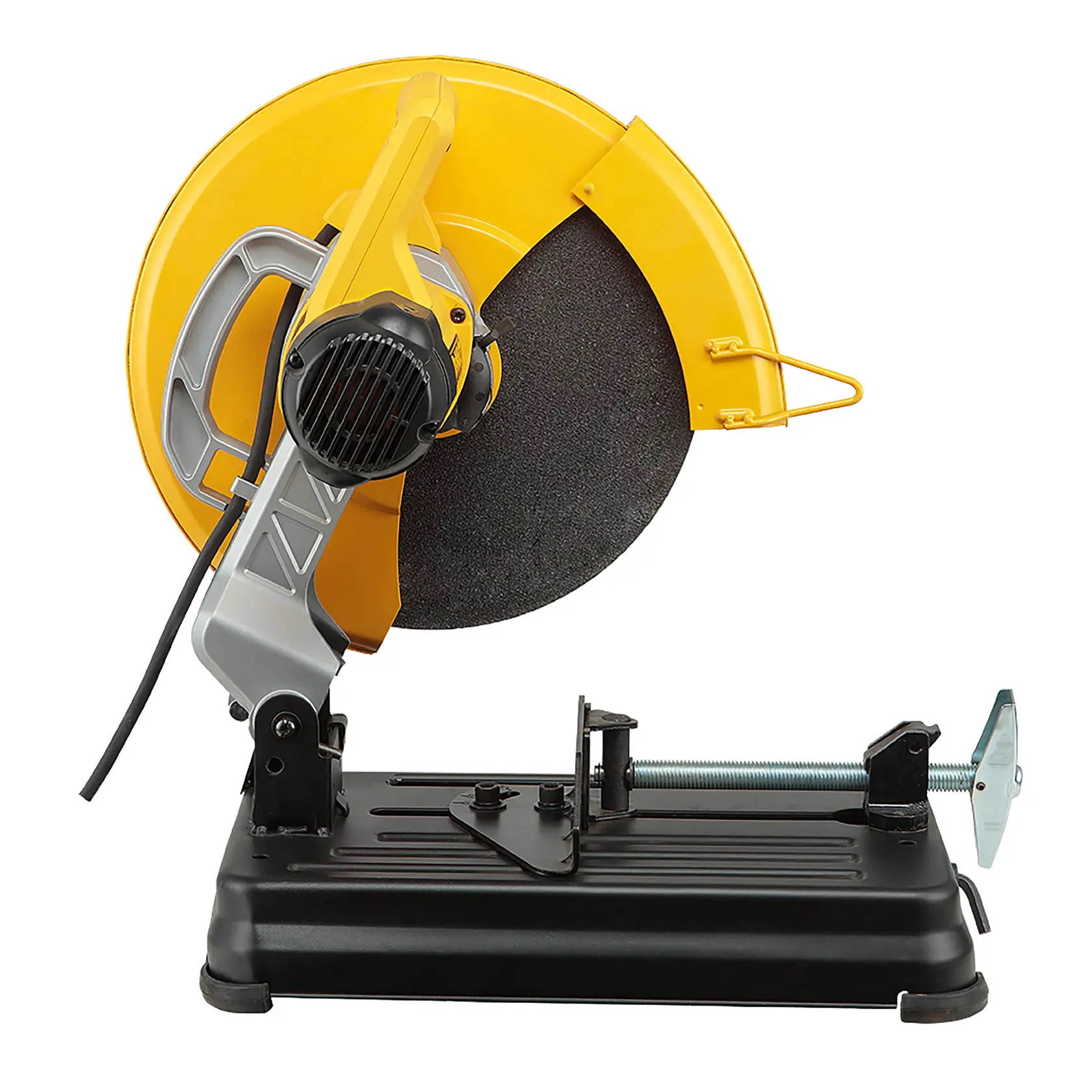 A worker wearing a high-visibility vest and helmet uses a DEWALT D28730 metal cutting chop saw to cut a metal bar, generating sparks in an industrial environment with stacks of metal beams.