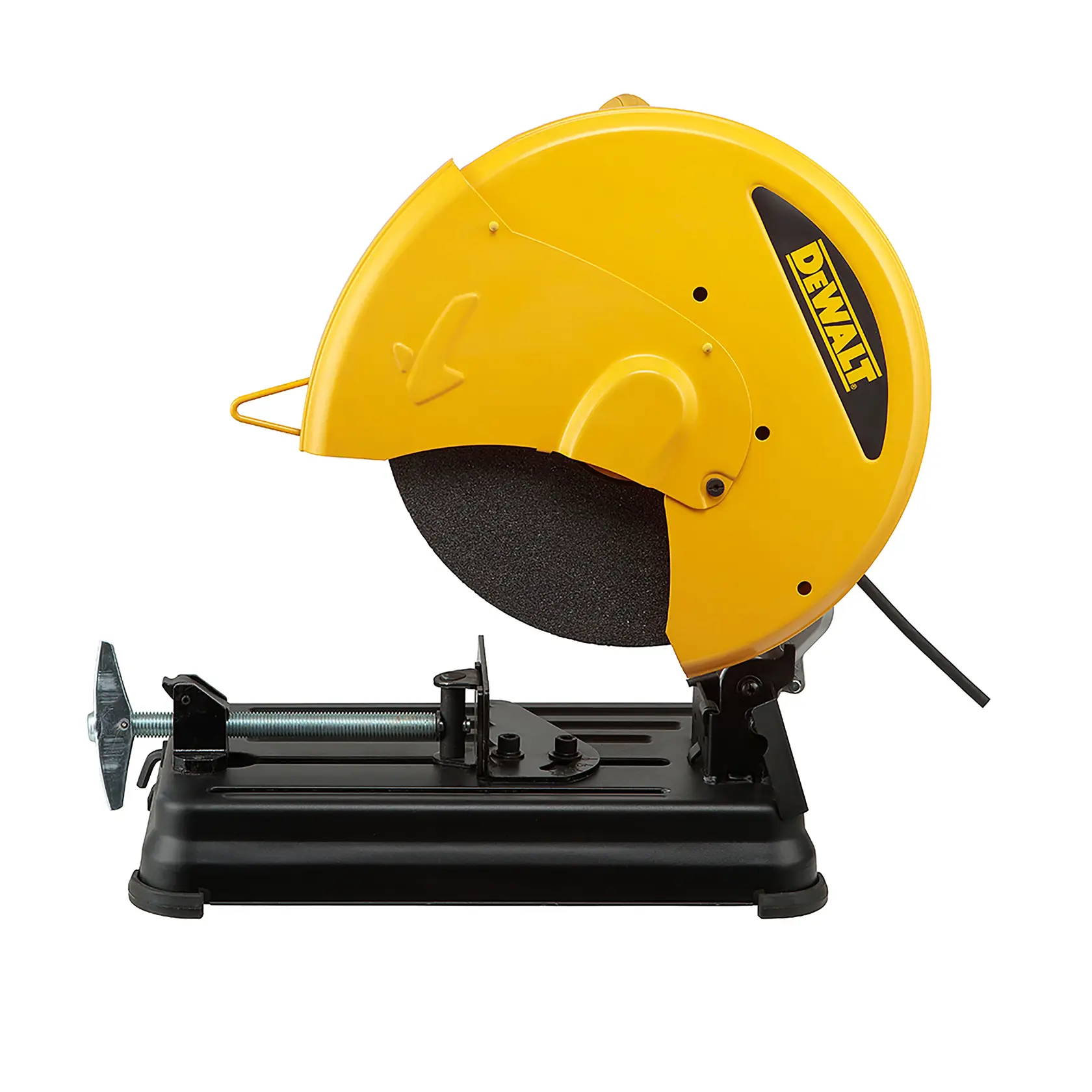 A worker in a yellow hard hat and reflective vest is using a yellow DeWALT metal cutting saw to cut metal rods in an industrial warehouse filled with stacks of steel materials. Sparks are flying from the cutting area.