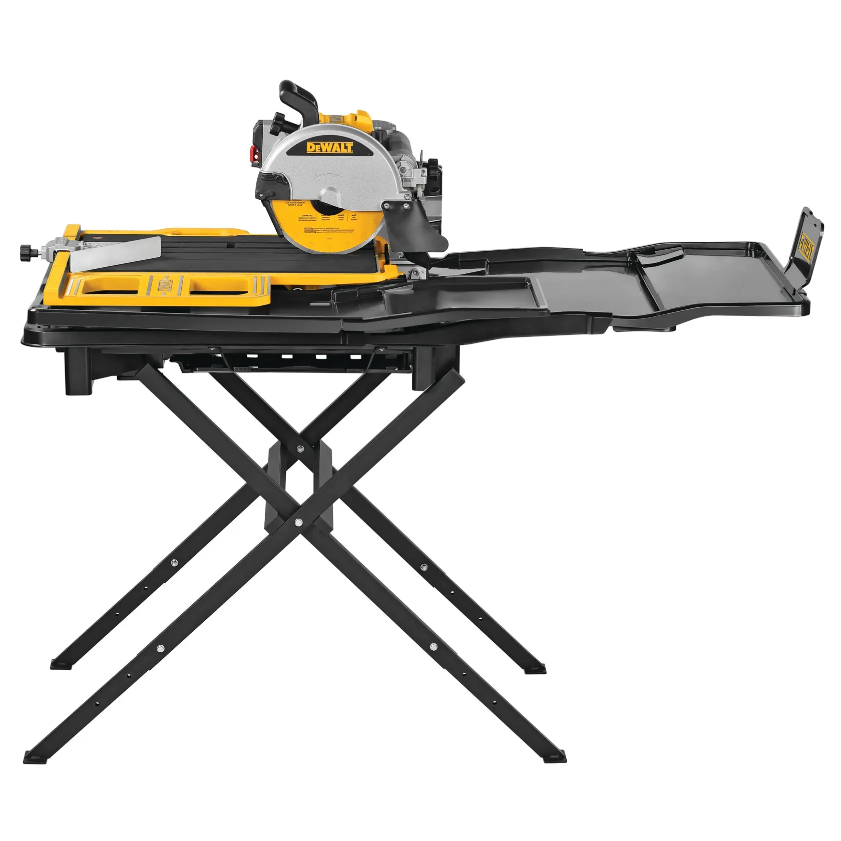 A DEWALT tile saw with stand, featuring a large cutting table and extension tray, designed for precision cutting of tiles in construction or renovation projects.