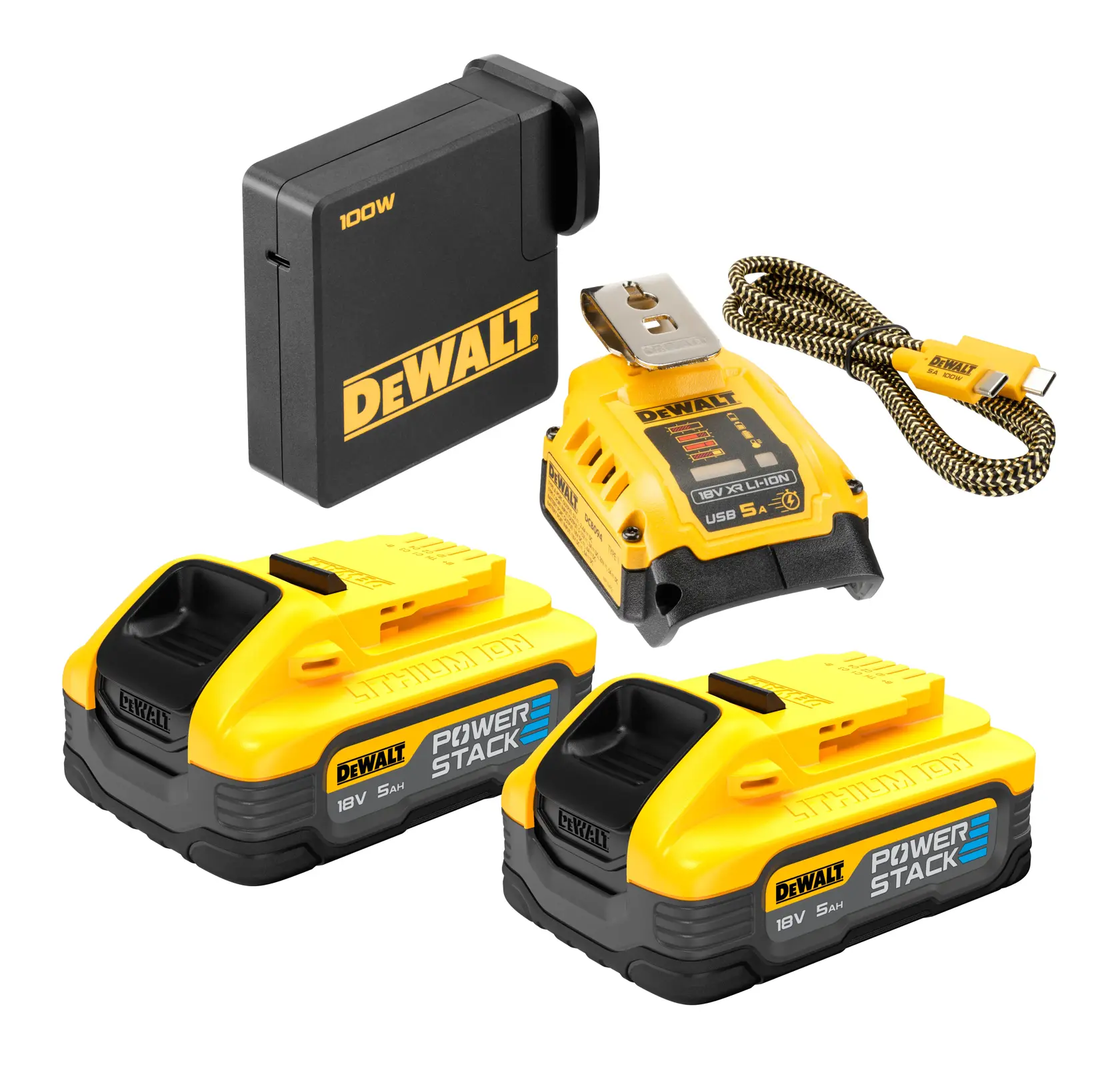A DEWALT DCB094H2 kit consisting of two yellow and black 18V PowerStack lithium-ion batteries, a fast charger, a 100W USB-C power adapter, and a yellow USB-C braided charging cable.