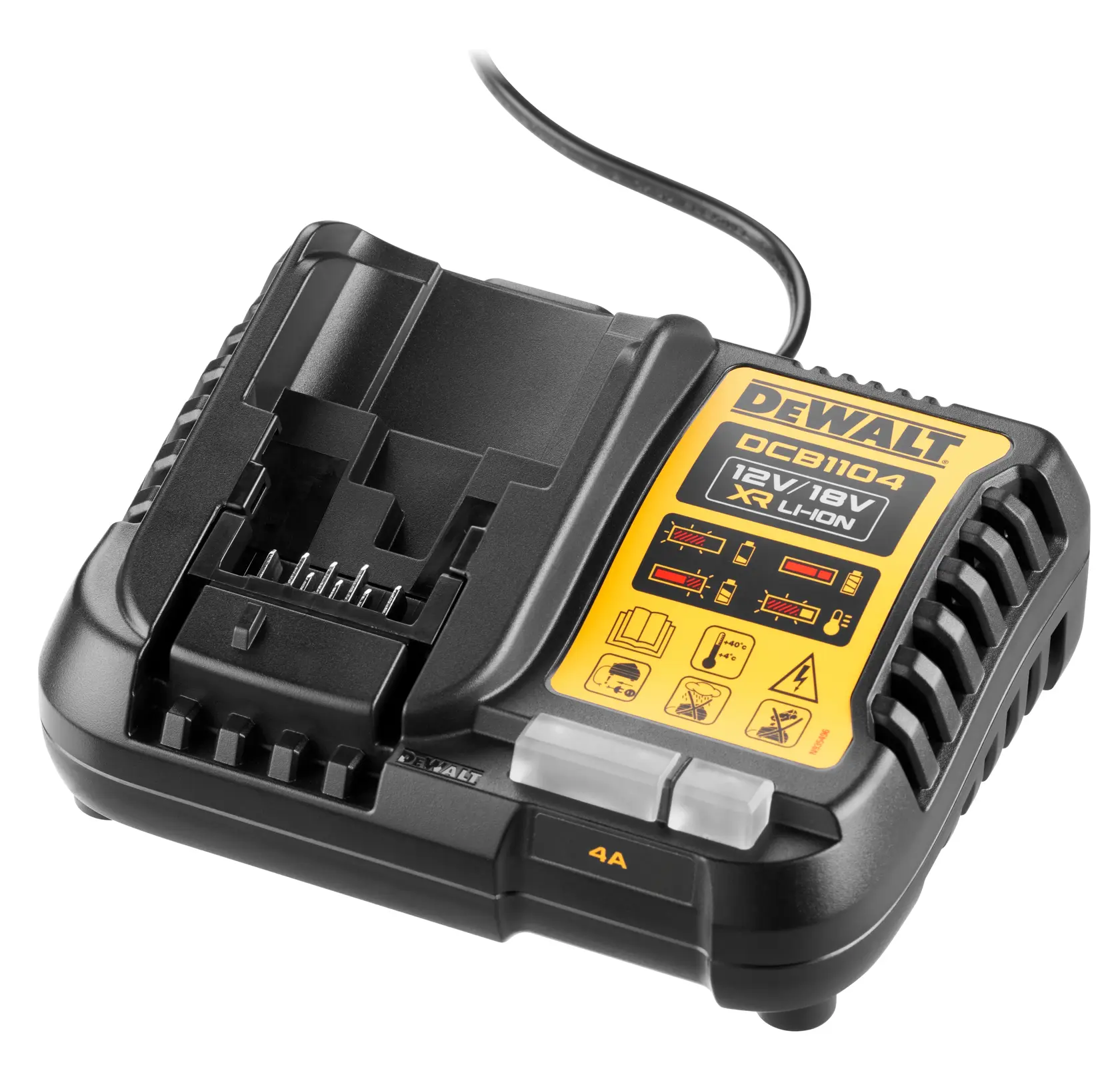A DEWALT DCB1104 battery charger for 12V and 18V XR Li-Ion batteries, featuring a black and yellow design with indicator lights and labeled instructions on the top surface.