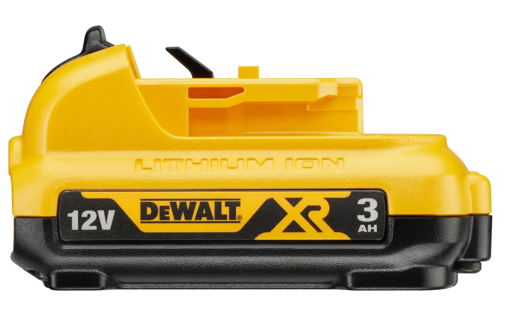 A yellow and black DEWALT 12V 3Ah lithium-ion battery pack.