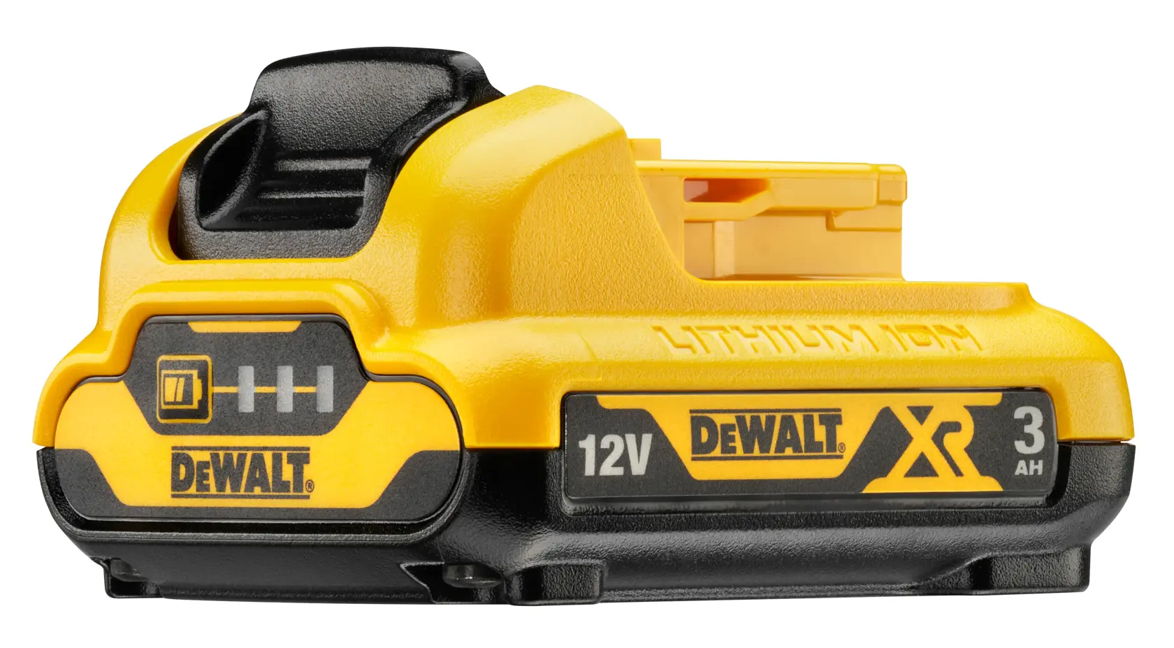 A yellow and black DEWALT 12V 3Ah lithium-ion battery pack.