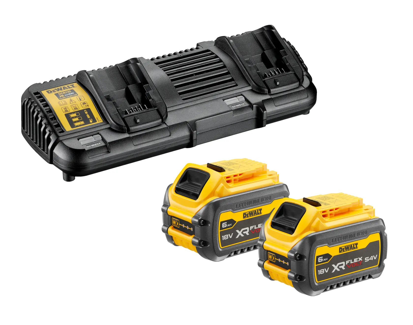 DEWALT battery charging kit including a dual port battery charger and two yellow and black 18V/54V XR FlexVolt lithium-ion batteries.