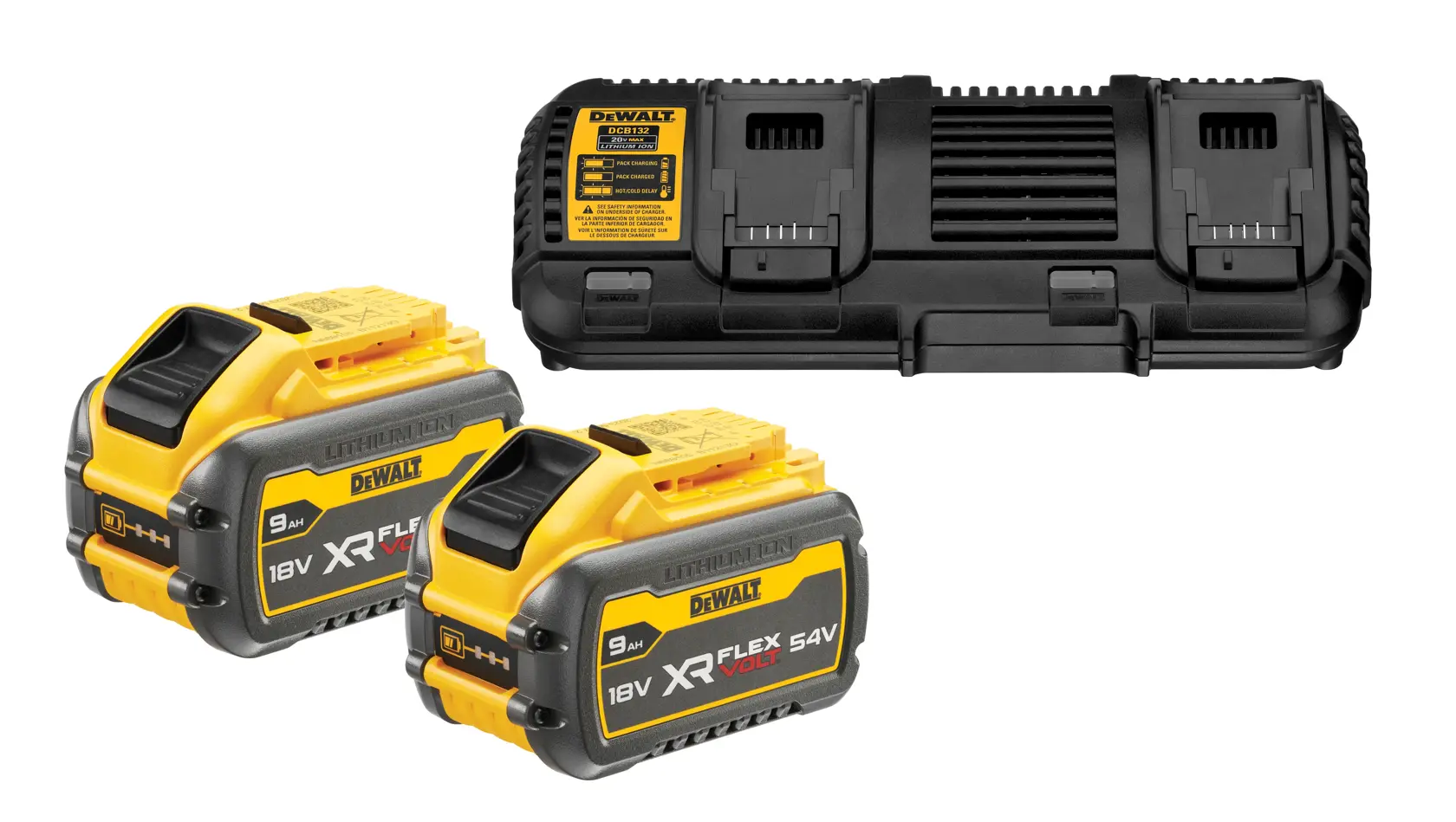 DEWALT battery charger kit including a double battery charging station and two 18V/54V XR FLEXVOLT lithium-ion batteries, shown on a white background.