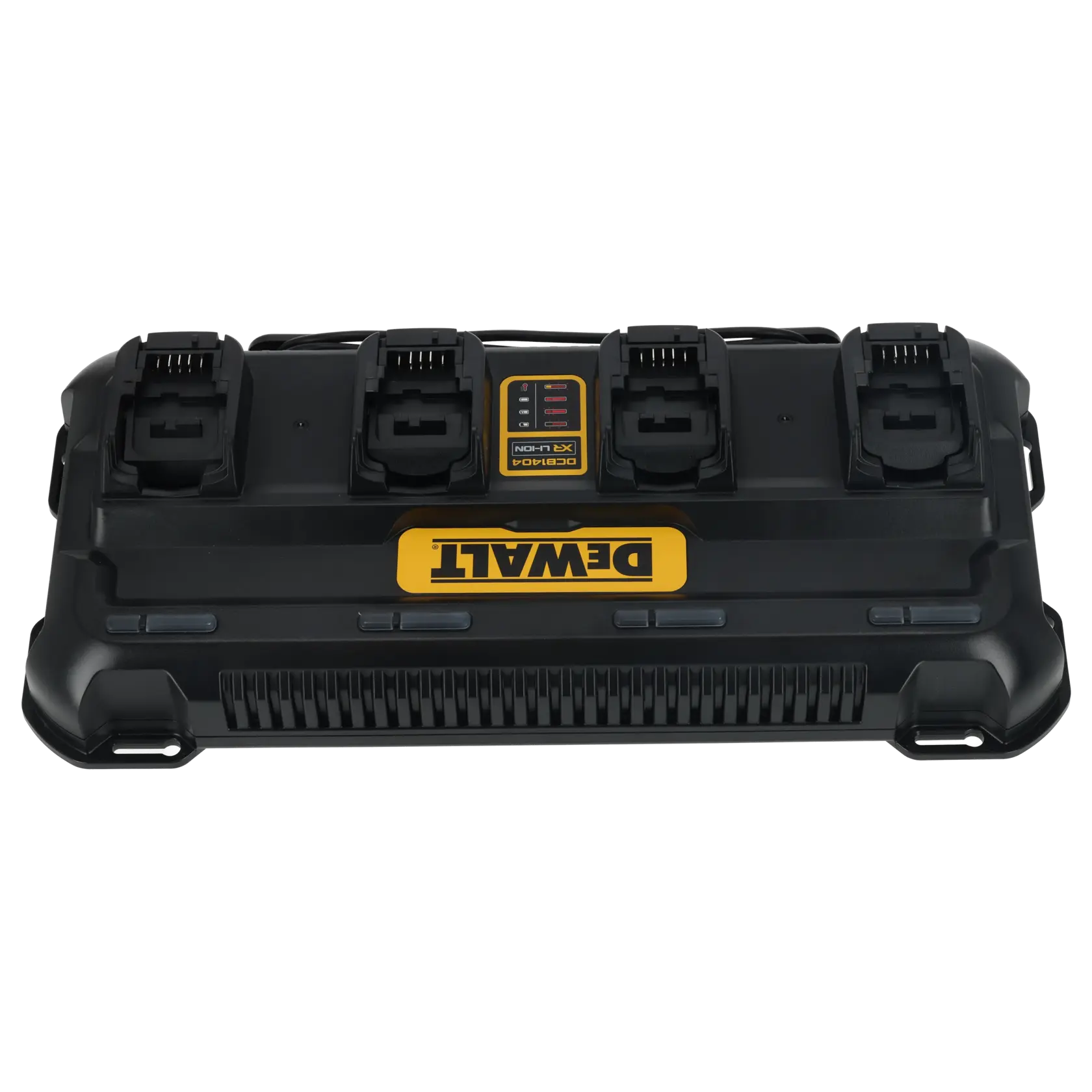 A DEWALT DCB1404 four-port battery charger, shown from the front with four charging slots and a power cord, used for charging multiple tool batteries simultaneously.