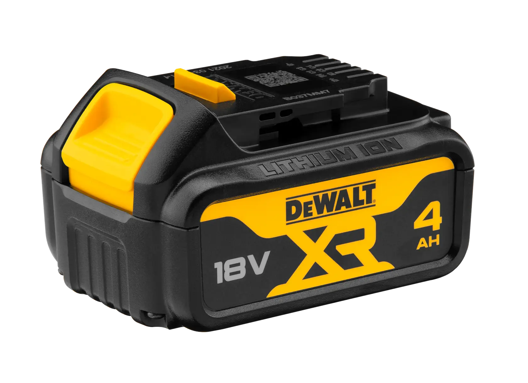 A DEWALT 18V XR 4.0Ah lithium-ion battery, black and yellow in color, designed for power tools.