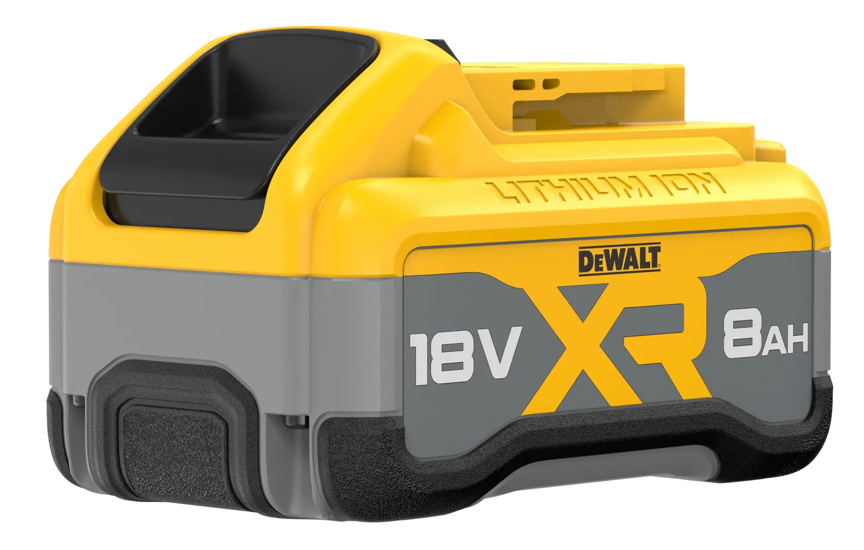 A DEWALT XR lithium ion battery with 18V and 8Ah capacity, featuring a yellow and grey design.