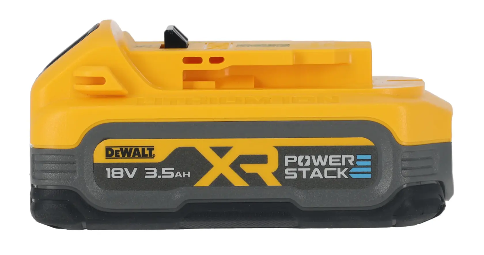 Side view of a DEWALT XR POWERSTACK 18V 3.5Ah lithium-ion battery, featuring a yellow and grey design.