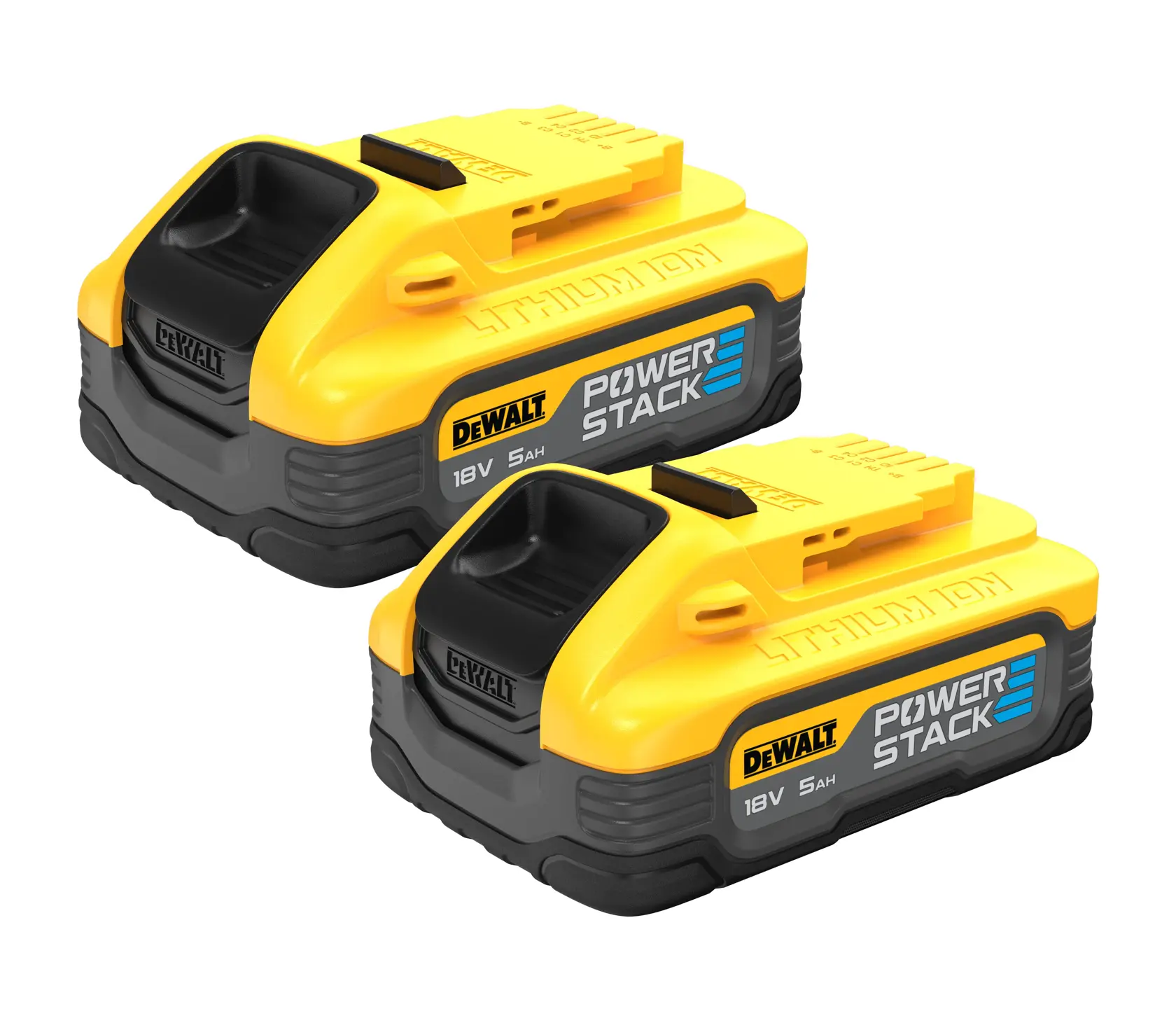 Two yellow and black DEWALT POWERSTACK 18V 5Ah lithium-ion batteries are shown side by side on a white background.