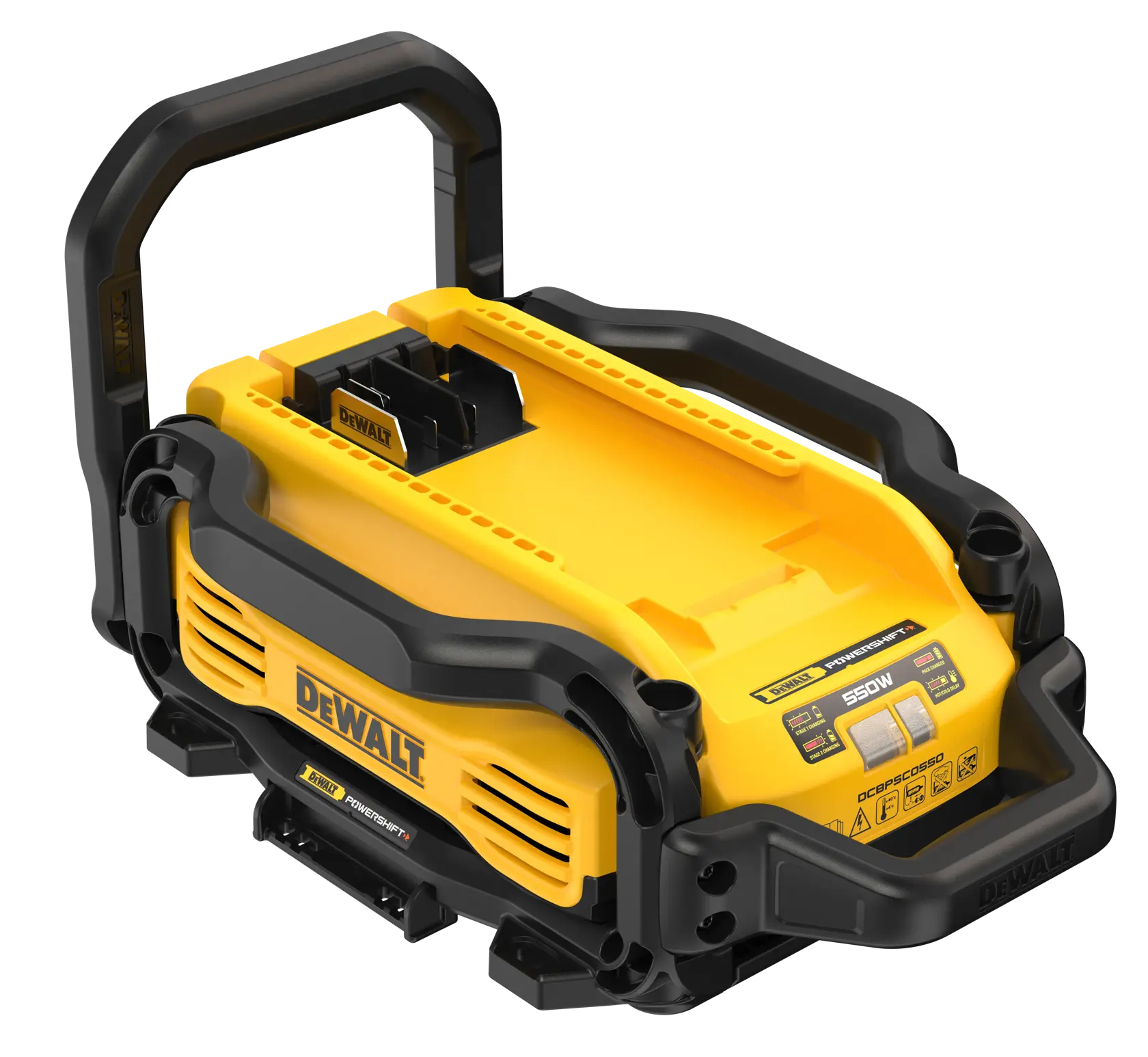 A DEWALT-branded yellow and black portable battery charger and power supply unit. The product features a robust handle, ventilation openings, and control panel with product information. Model SKU: DCBPSC0550.