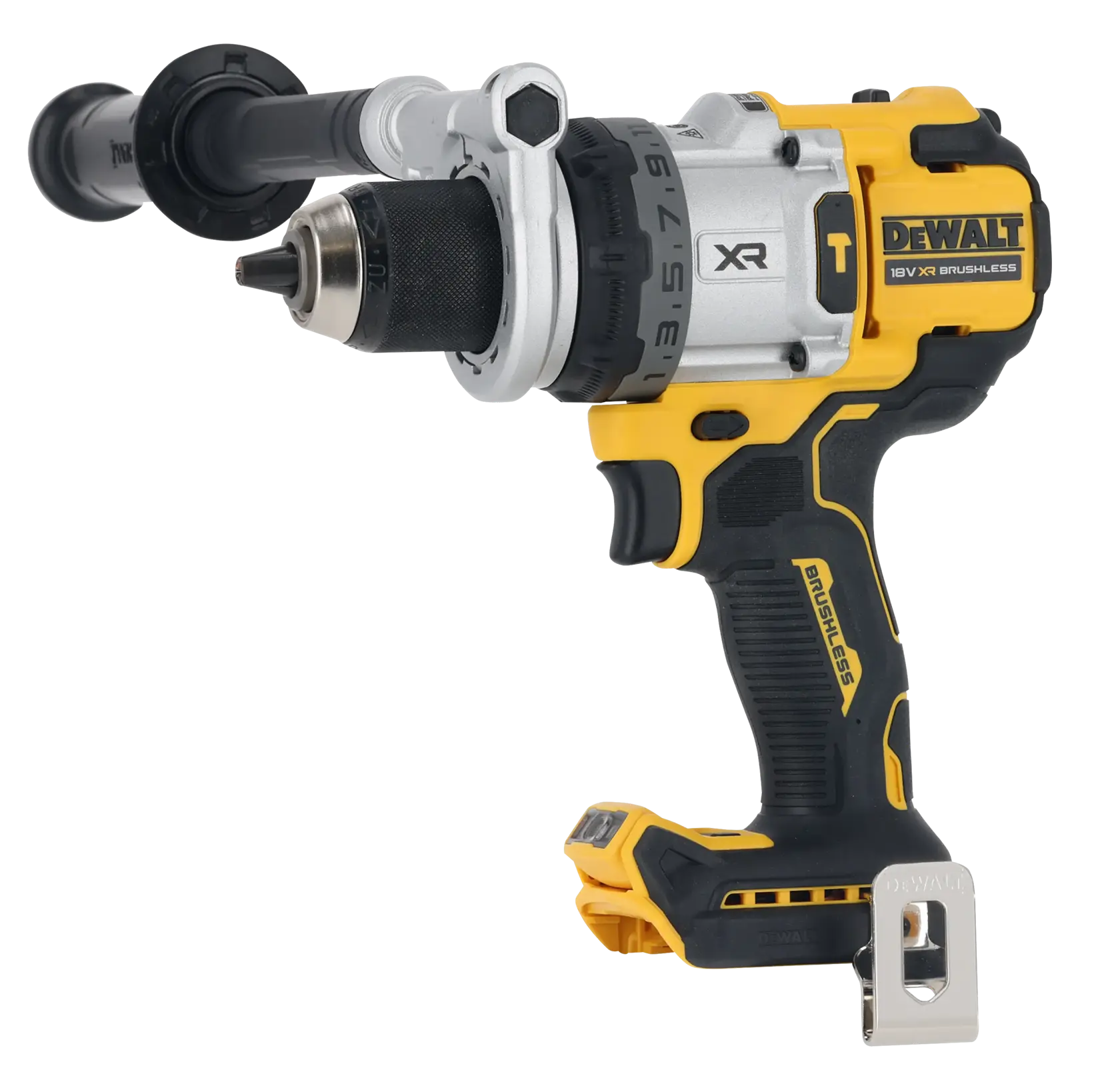 A DEWALT 18V XR brushless cordless drill driver, model DCD1007NT, shown with a side handle and metal belt clip. The drill is mostly yellow and black with silver accents and includes adjustable torque settings.