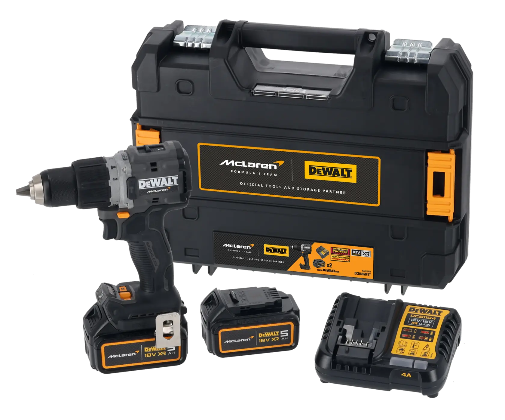 A DEWALT cordless drill set featuring a black and grey drill, two 18V XR lithium-ion batteries, a battery charger, and a sturdy black McLaren branded carrying case.