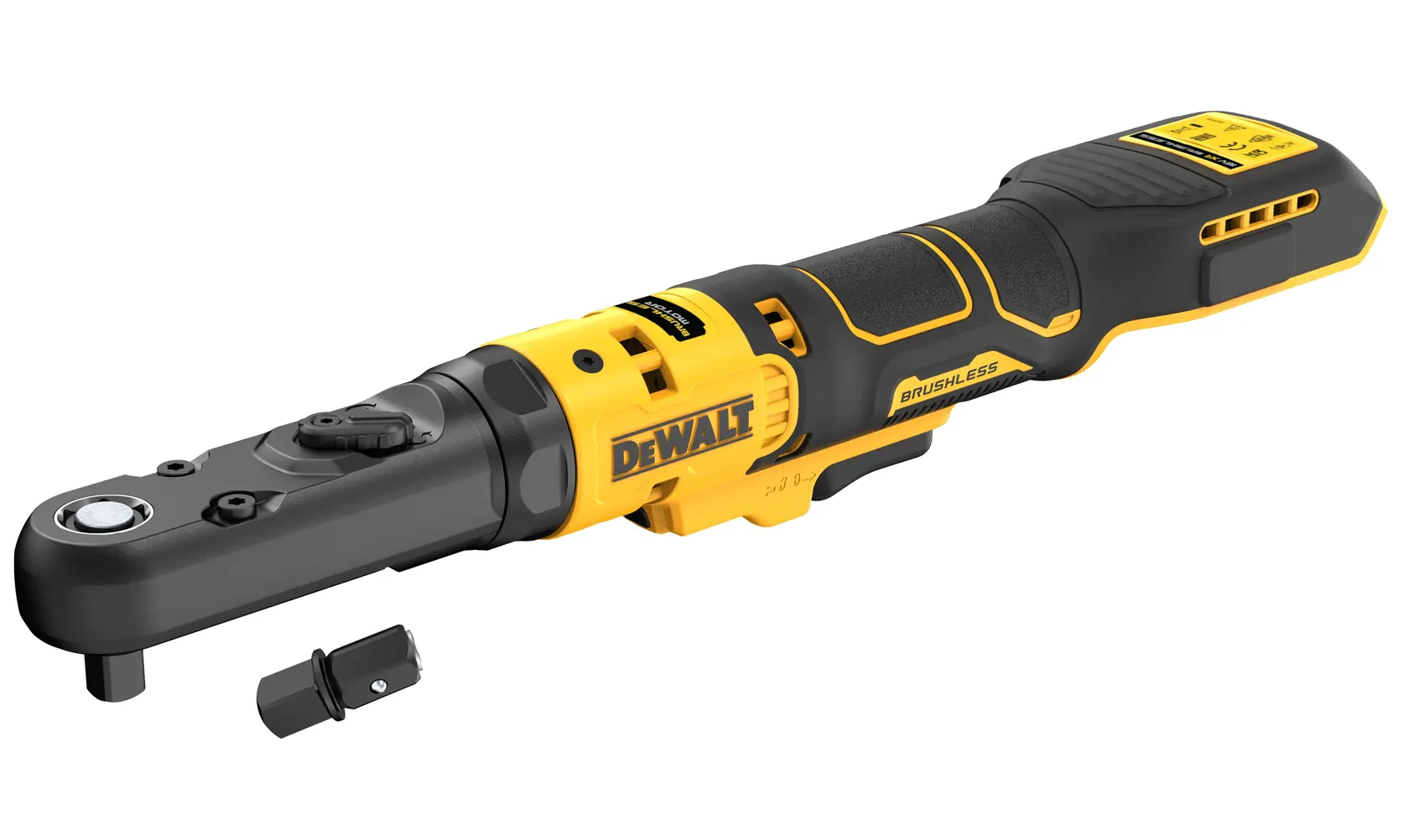 A DEWALT DCF510N cordless brushless ratchet tool in yellow and black, with a removable accessory attachment placed beside it.