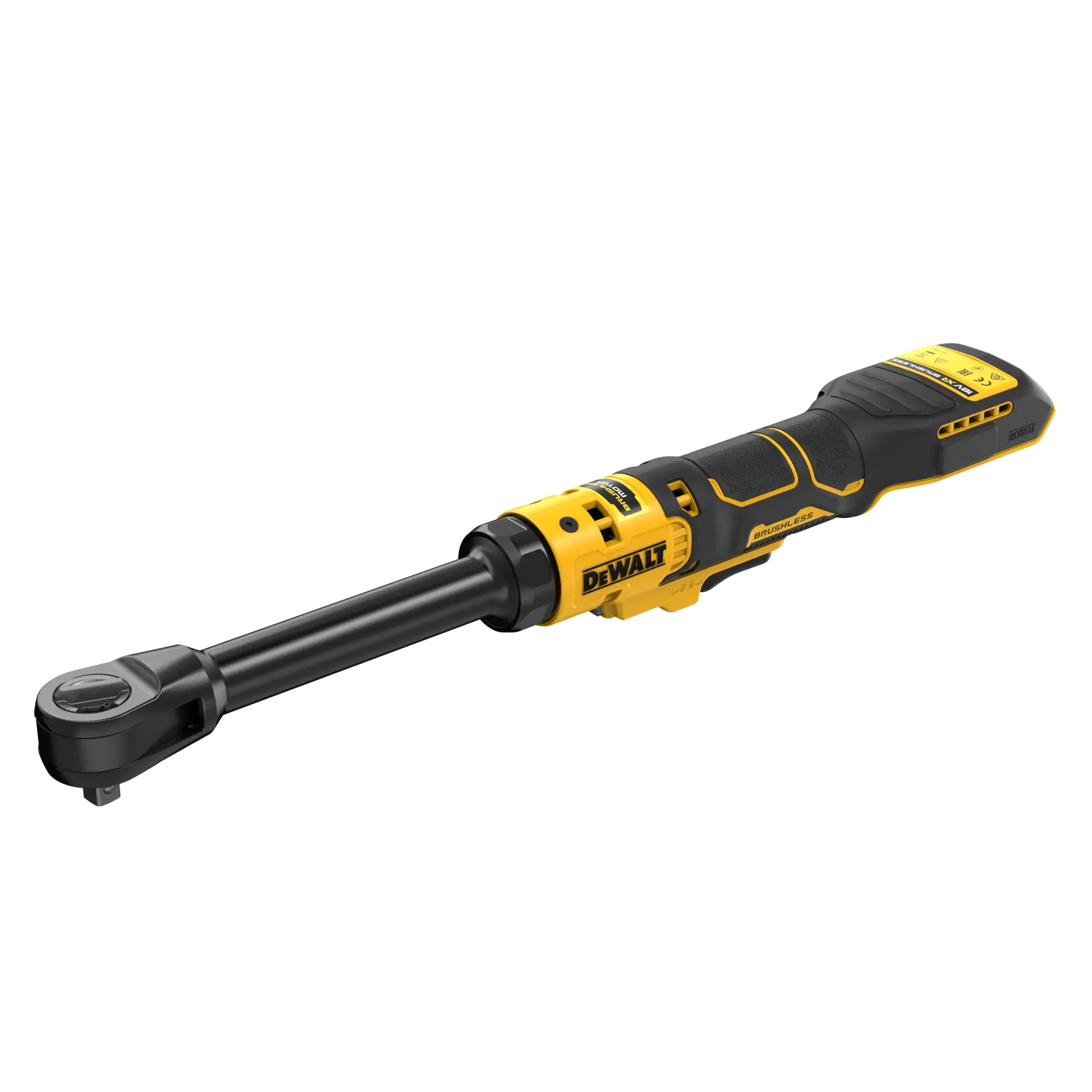 DEWALT ratchet tool, SKUs DCF513EN-XJ, DCF513EN. Black and yellow design, Photography category.