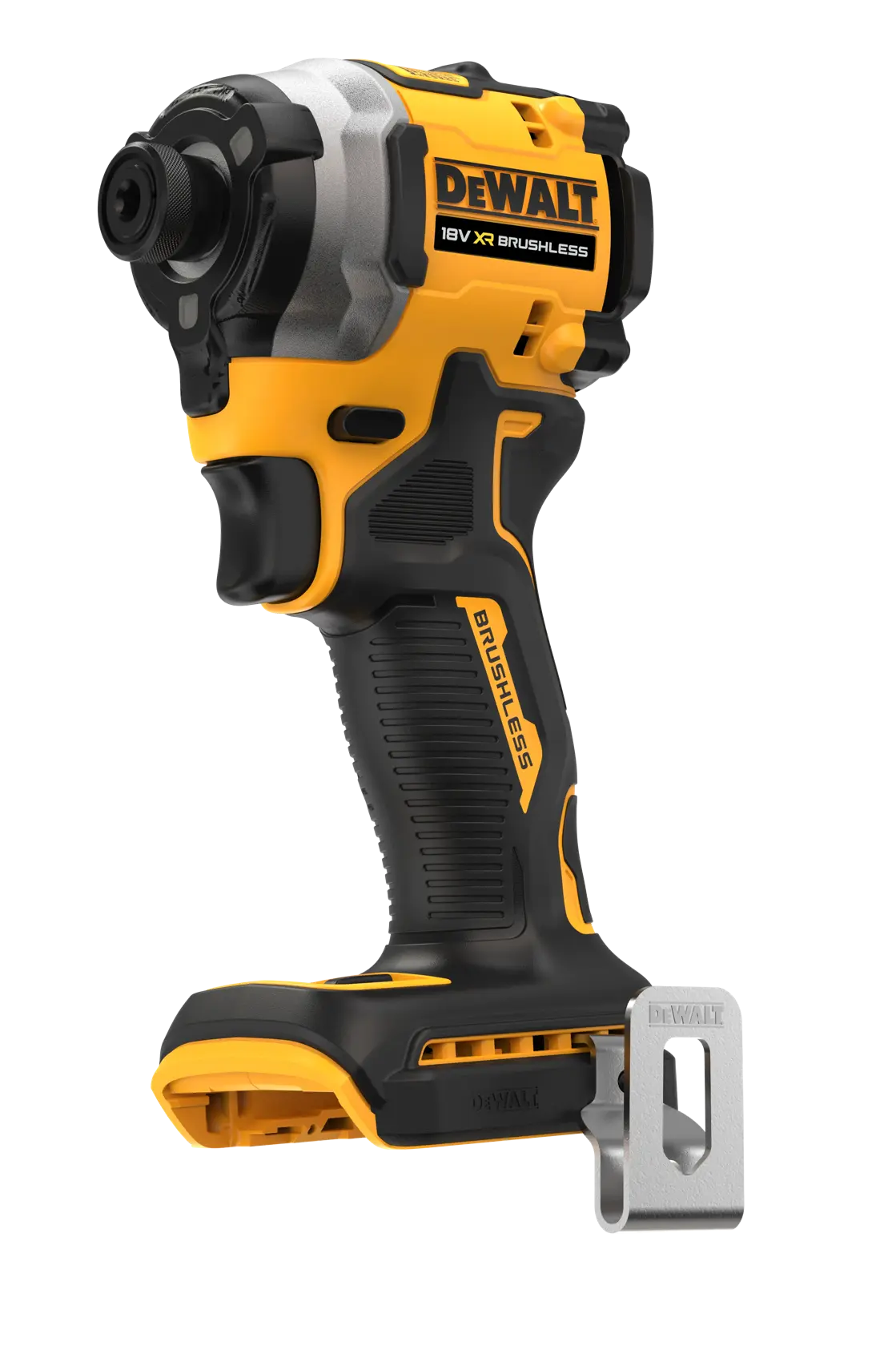 A DEWALT 18V XR Brushless cordless impact driver, shown in a yellow and black color scheme, with a metal belt clip attached at the base.