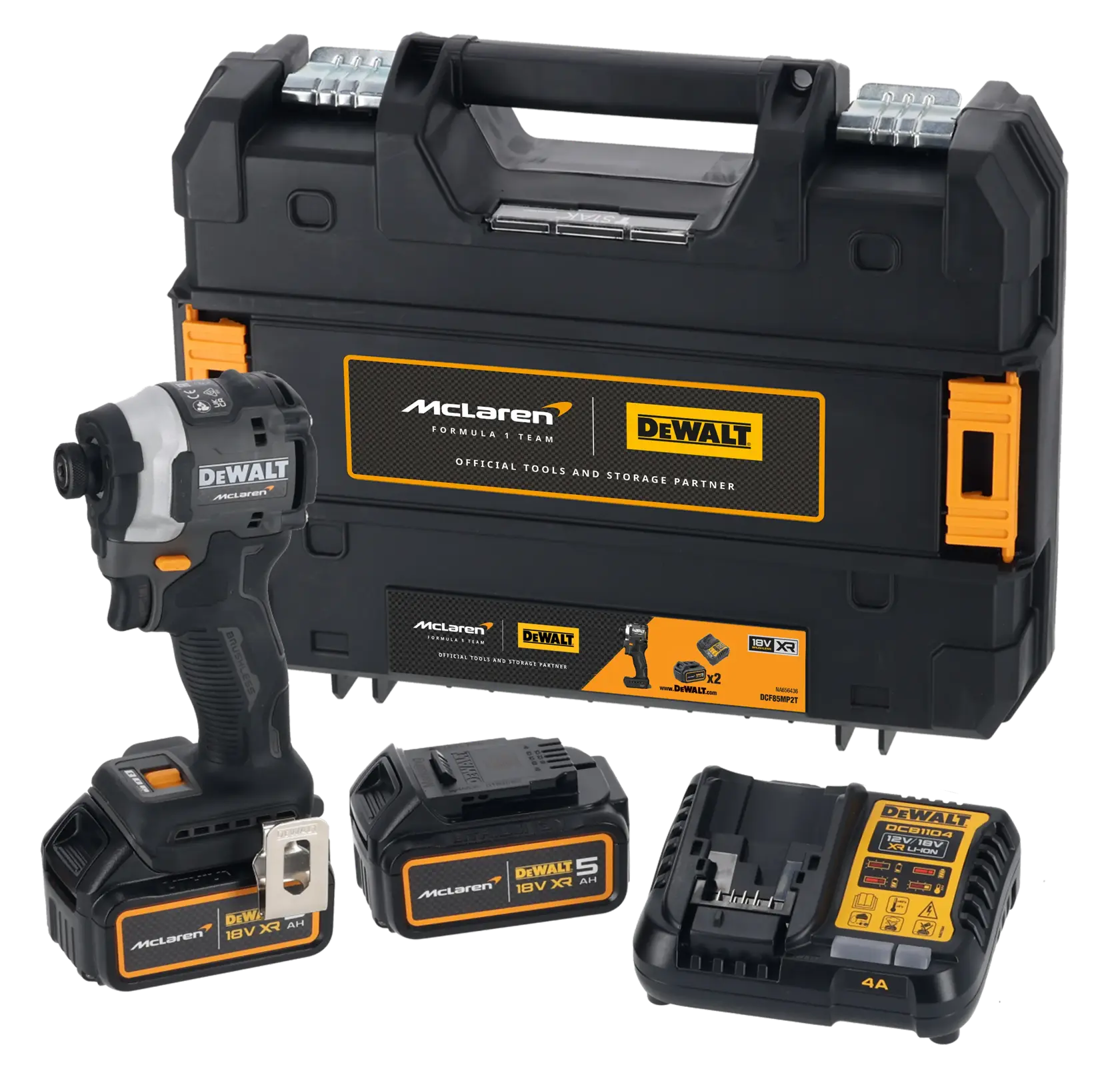 DEWALT and McLaren branded 18V XR power tool kit including a cordless impact driver, two rechargeable battery packs, a battery charger, and a sturdy black carrying case with handle. The kit is displayed with all components visible and features official McLaren Formula 1 Team branding.