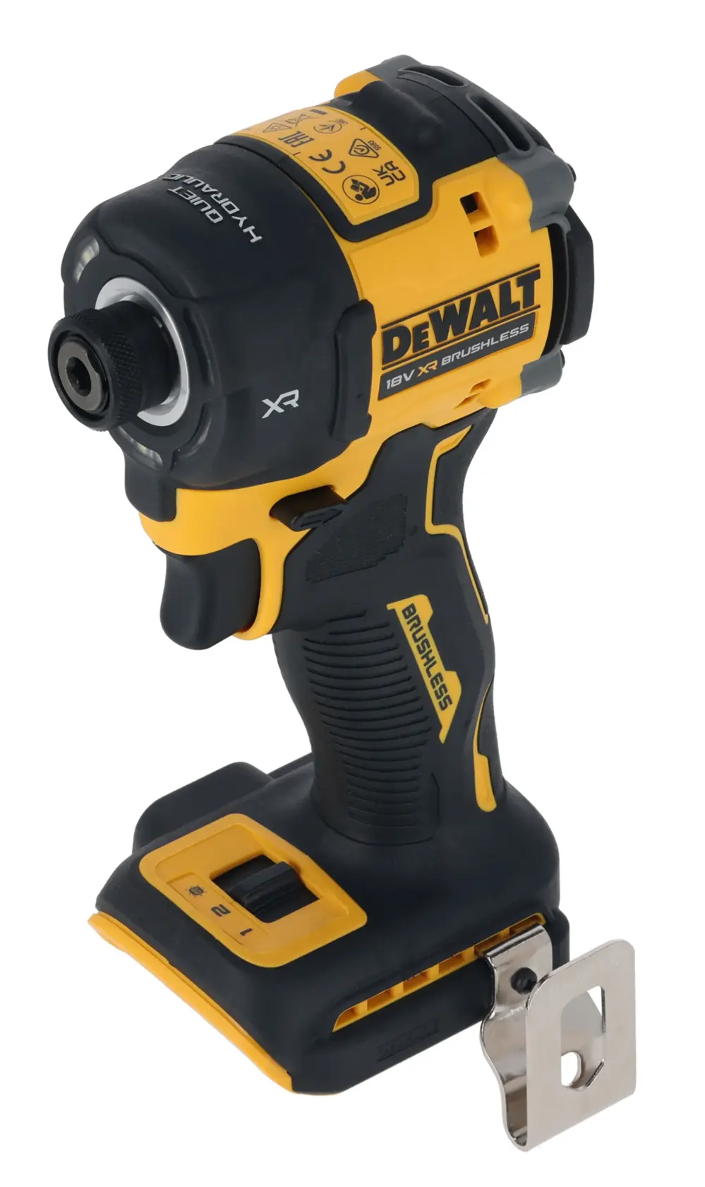 A DEWALT DCF870N cordless brushless impact driver, featuring a yellow and black body with a metal belt clip attached. The tool has an ergonomic grip and visible labeling for 18V XR power.