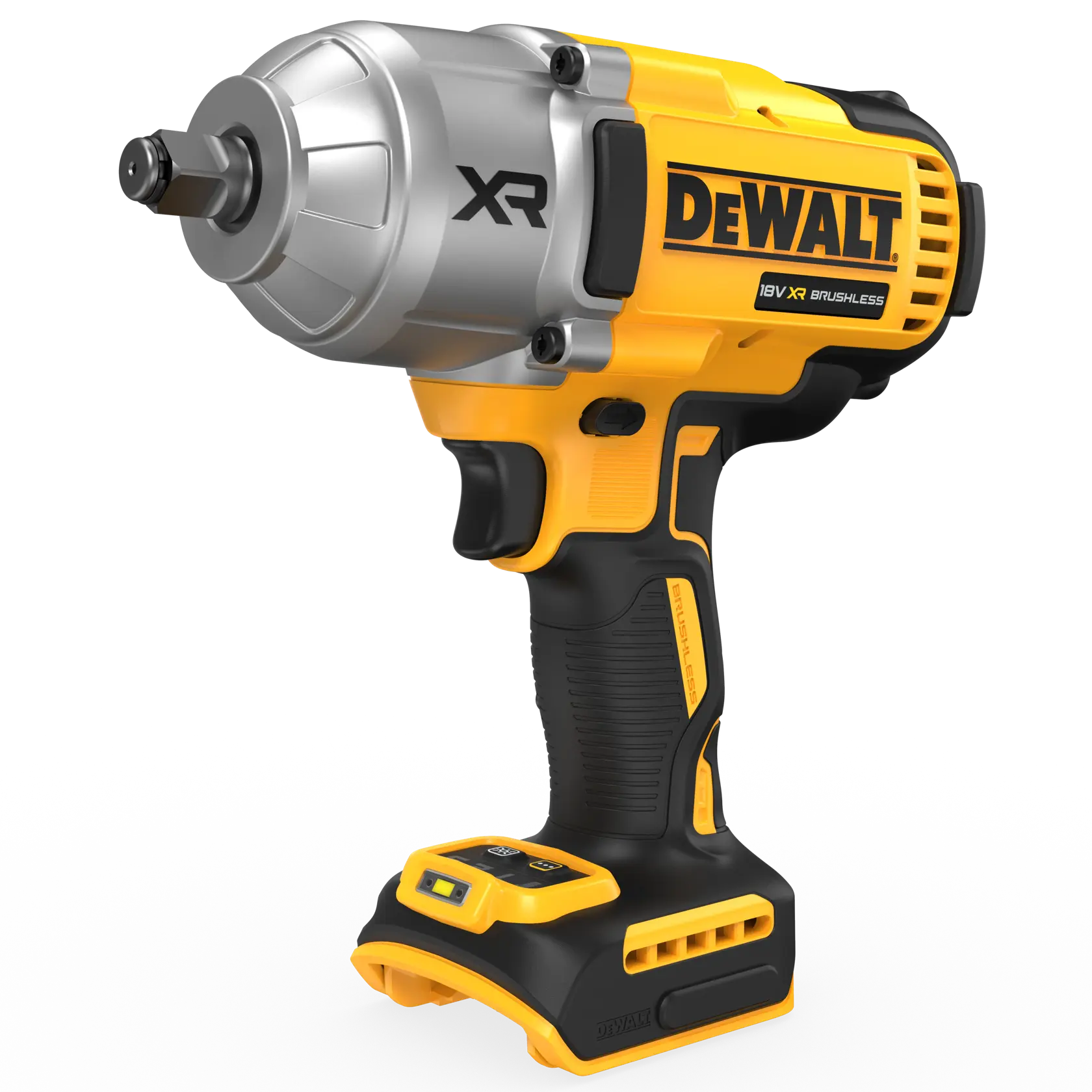 A yellow and black DEWALT 18V XR brushless impact wrench, shown without a battery attached. The tool features the DEWALT logo prominently on the side.