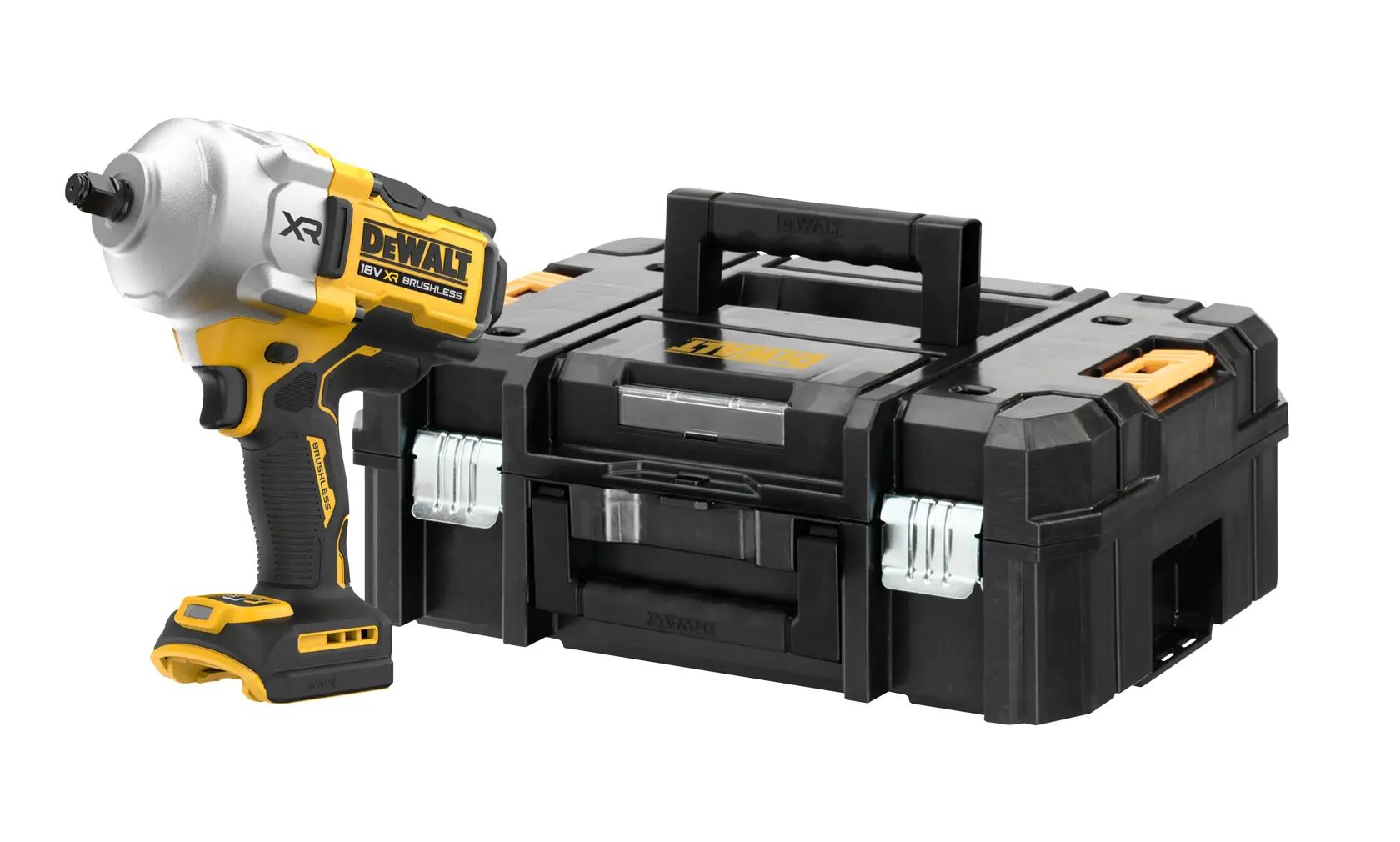 A DEWALT cordless impact wrench placed next to a black and yellow DEWALT toolbox with a central carrying handle.