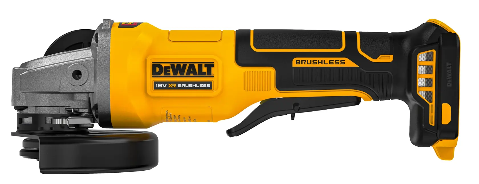 DEWALT 18V XR Brushless cordless angle grinder with yellow and black body, shown in a side profile on a white background.