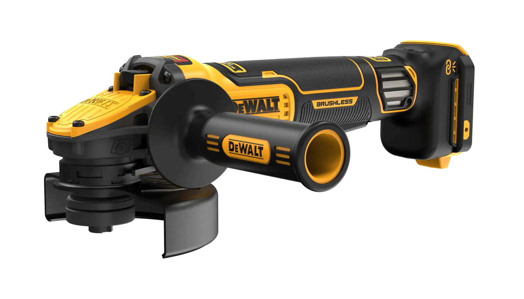 A DEWALT cordless brushless angle grinder with a black and yellow design, featuring a side handle and protective guard, shown on a white background.