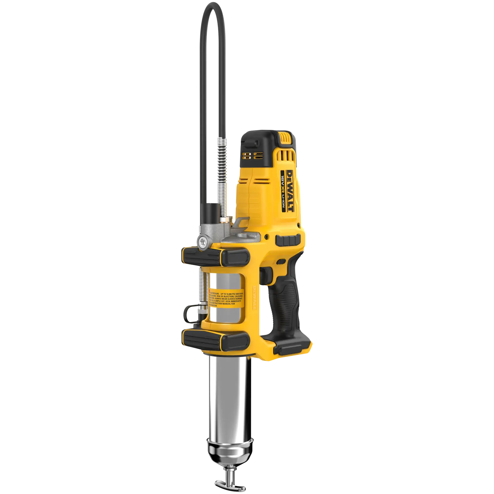 DEWALT DCGG581N, DCGG581N-XJ grease gun. Yellow/black cordless tool for lubrication. Photography category.