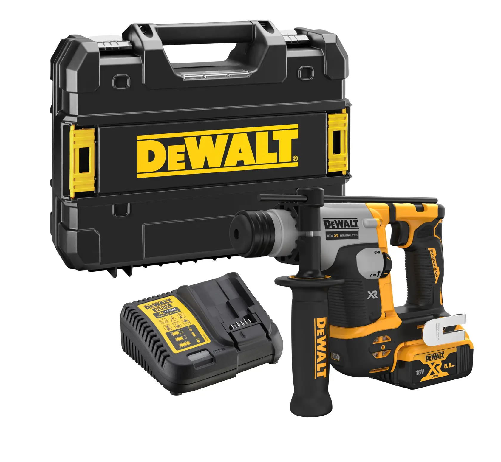 A DEWALT cordless rotary hammer drill kit including a black and yellow rotary hammer drill, a battery pack, a charger, and a sturdy black carrying case with the DEWALT logo.