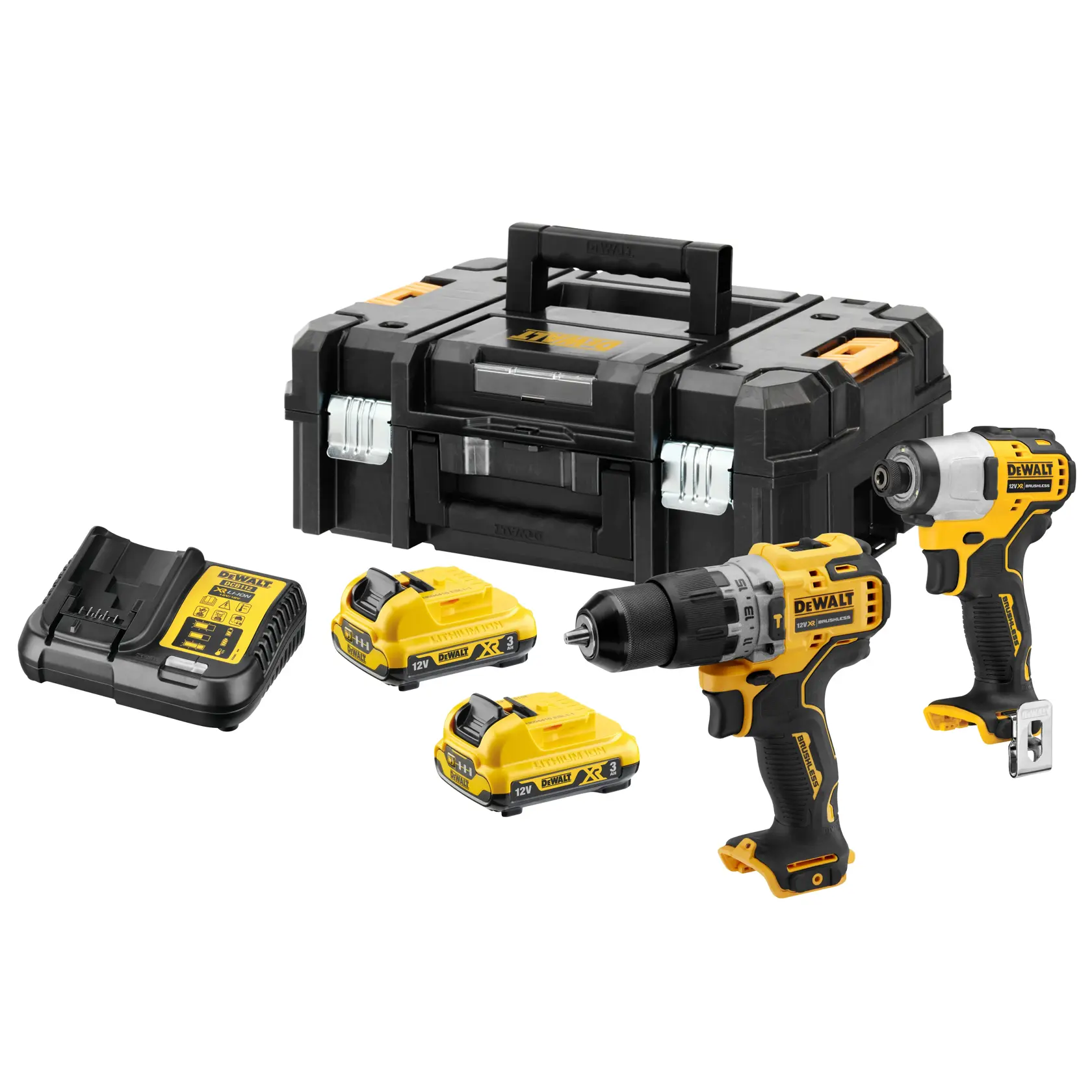 A DEWALT tool kit including a black and yellow drill, an impact driver, two 12V batteries, a battery charger, and a black toolbox with a handle.