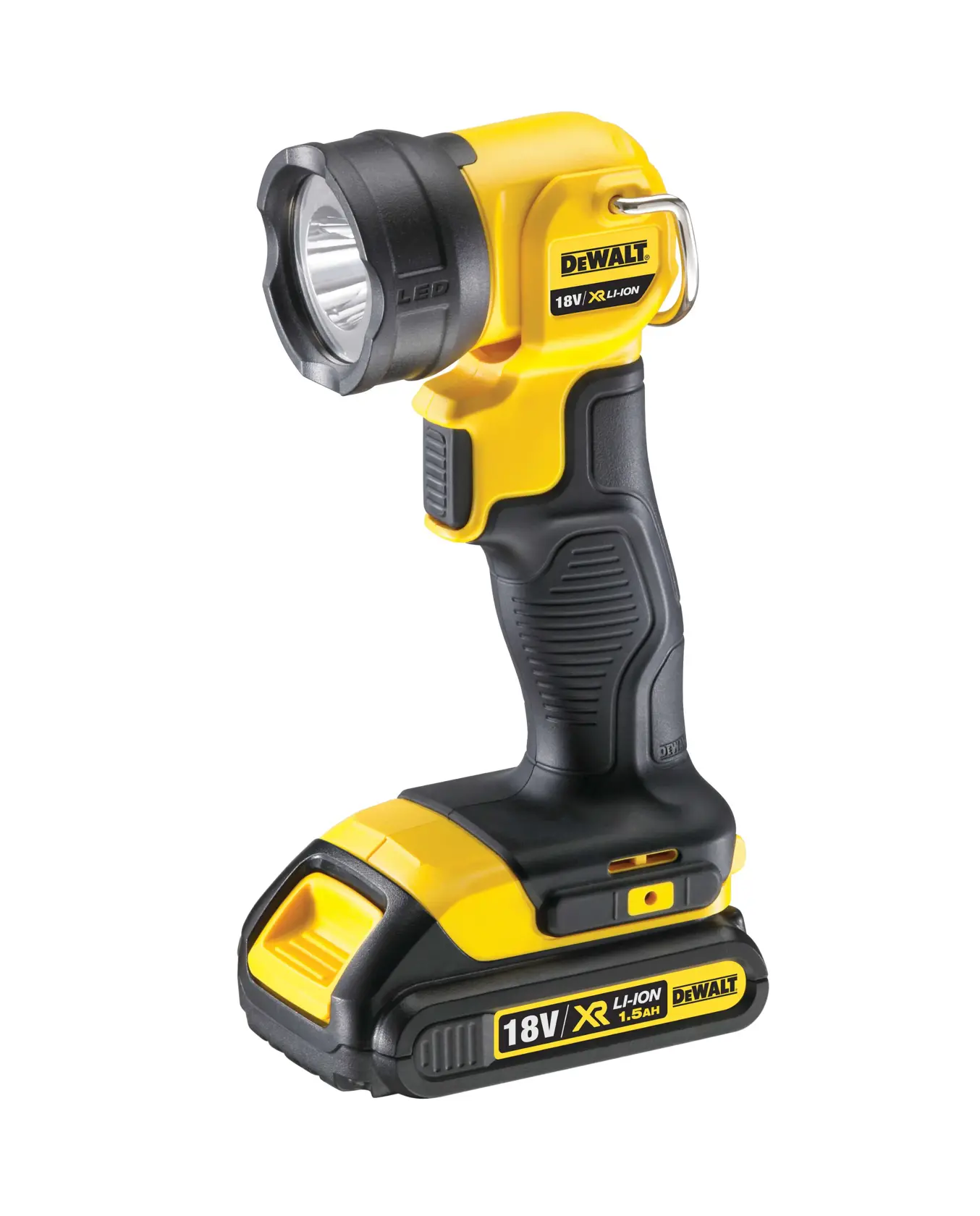 A DEWALT cordless LED work light (model DCL040) is placed on the floor and illuminating an electrical wiring installation. A person wearing gloves is using pliers to work on wires inside a metal electrical box, with the light aiding visibility in a construction setting.
