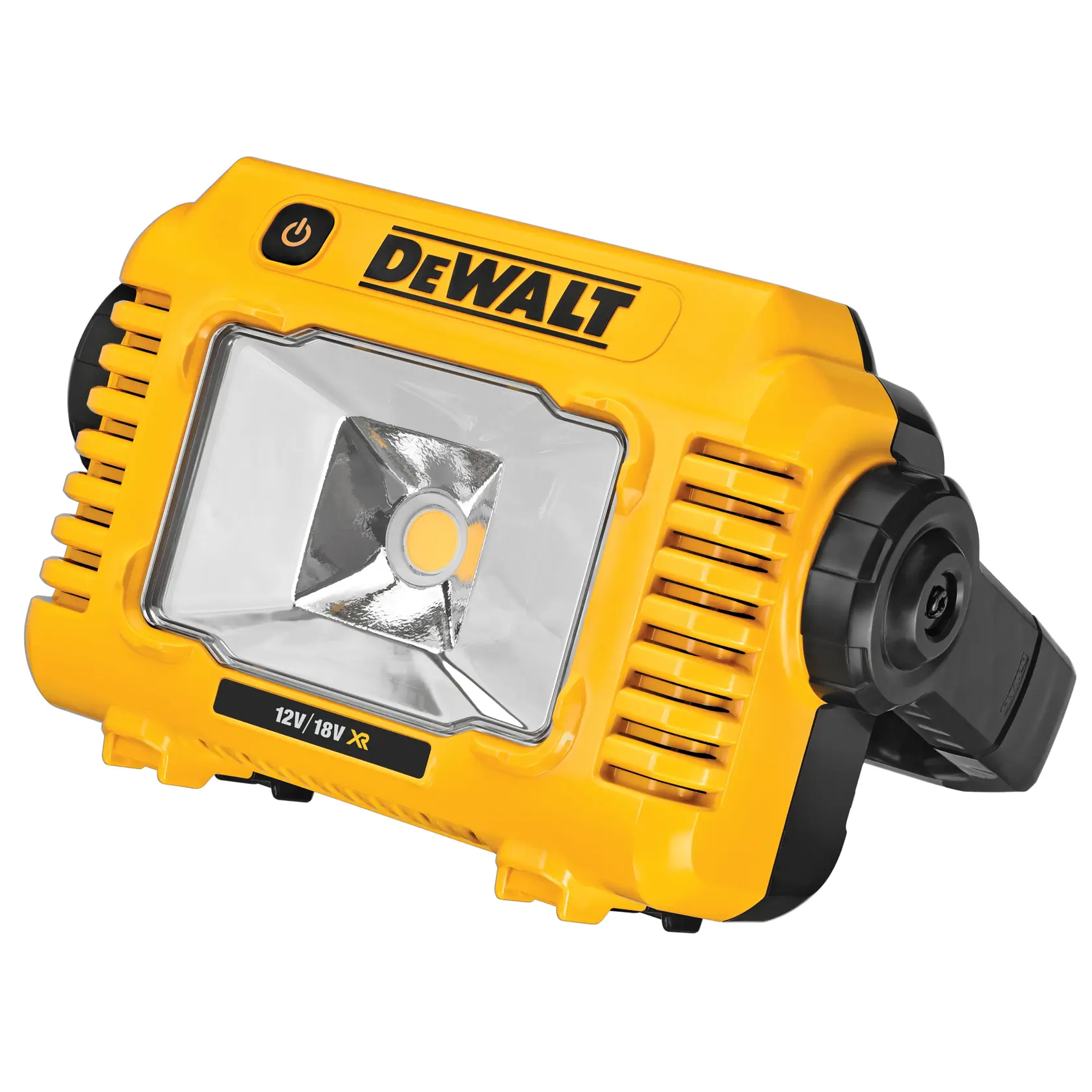 A portable yellow and black LED work light, branded with 'DEWALT' on the top. The light features a prominent reflector, a power button, and side handles. It is labeled for 12V and 18V XR batteries.