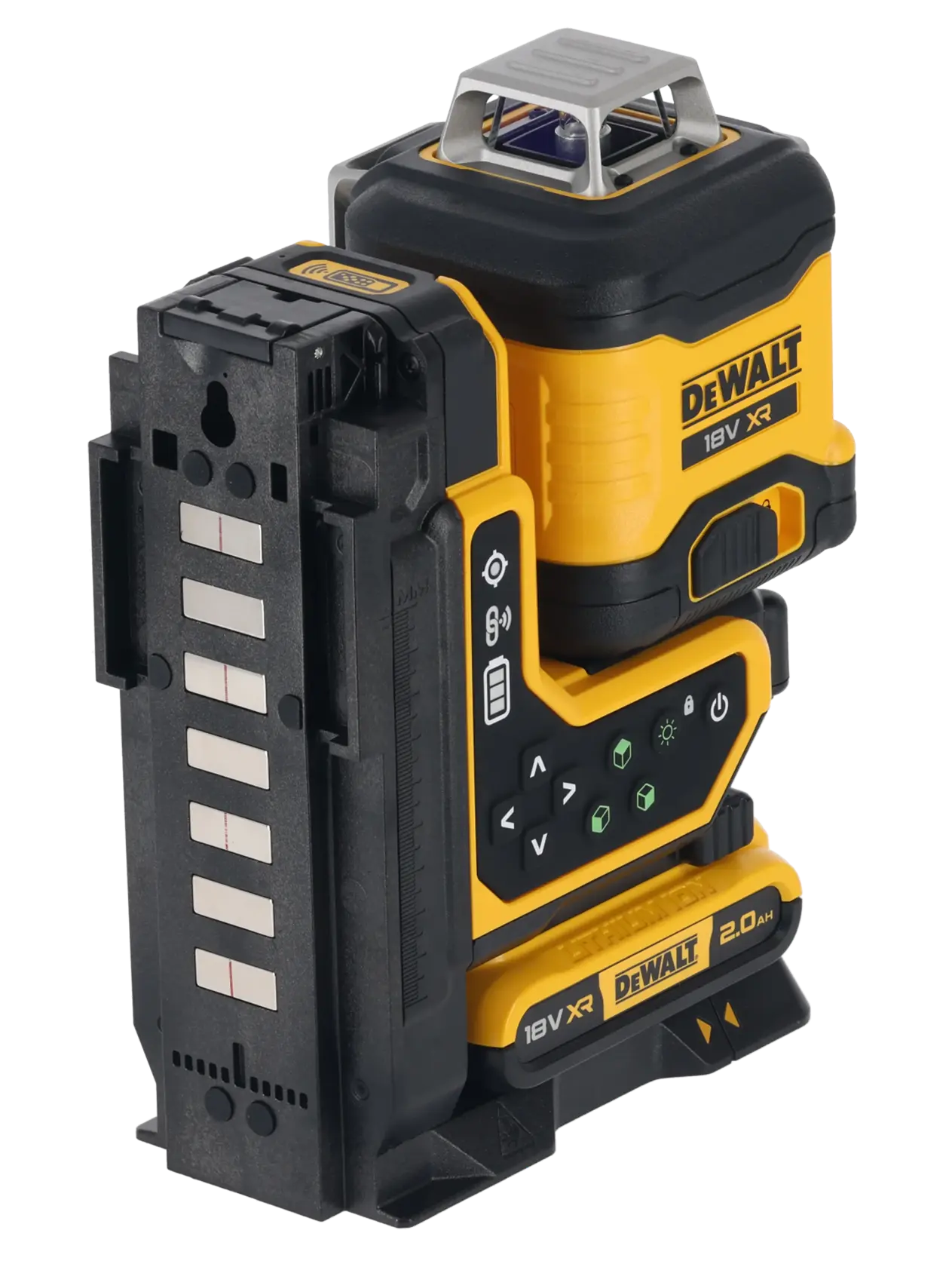 A DEWALT 18V XR laser level device with a robust yellow and black casing, visible control buttons, and a battery attached at the base. The product is designed for precision alignment and measuring tasks in construction or photography settings.