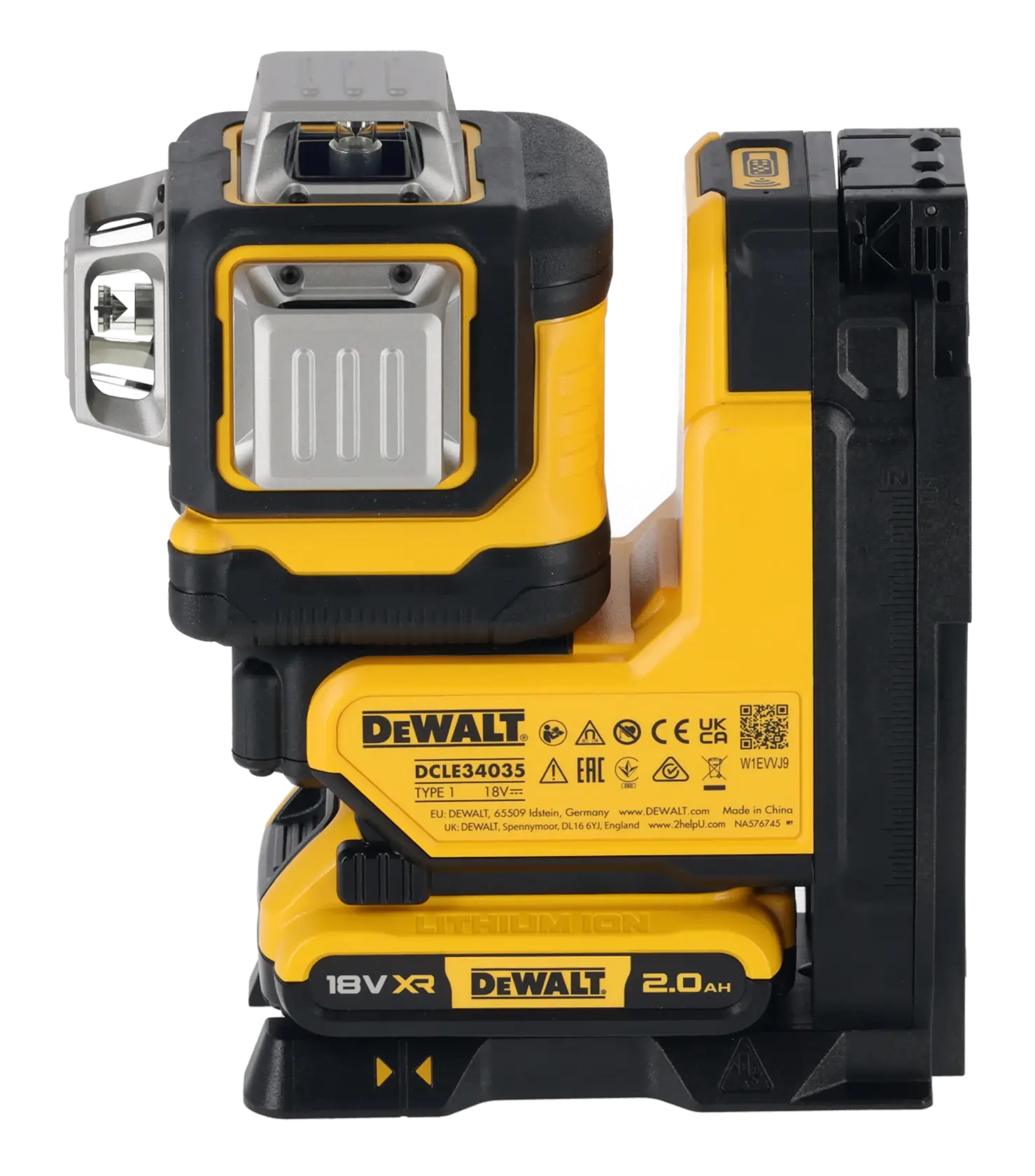 A DEWALT DCLE34035D1 18V XR lithium-ion laser level in yellow and black, featuring a sturdy base and labeled with product information.