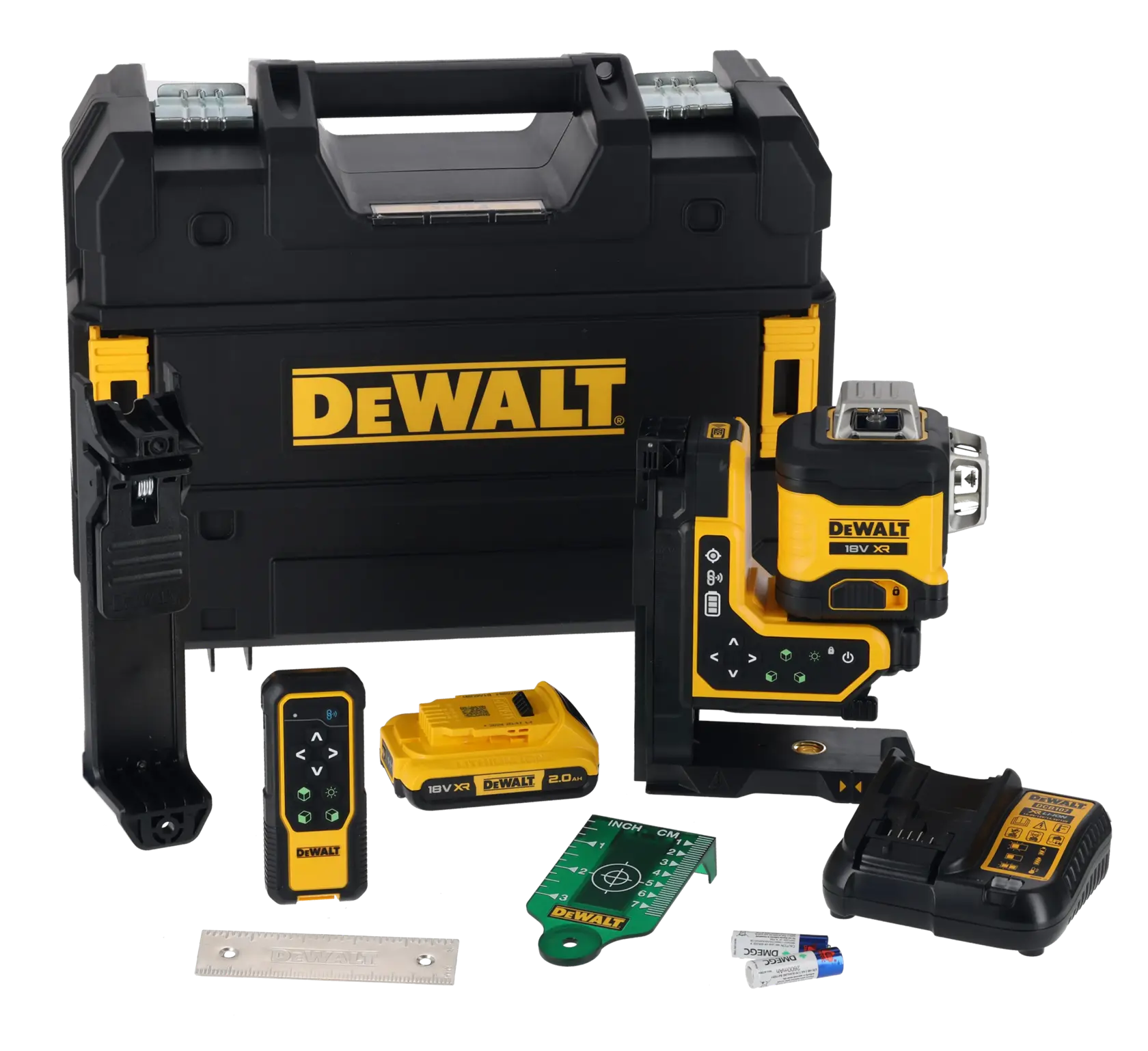 A DEWALT branded photography product kit, including a black and yellow electronic device, remote control, battery, charger, ruler, green target card, and carrying case, displayed against a white background.