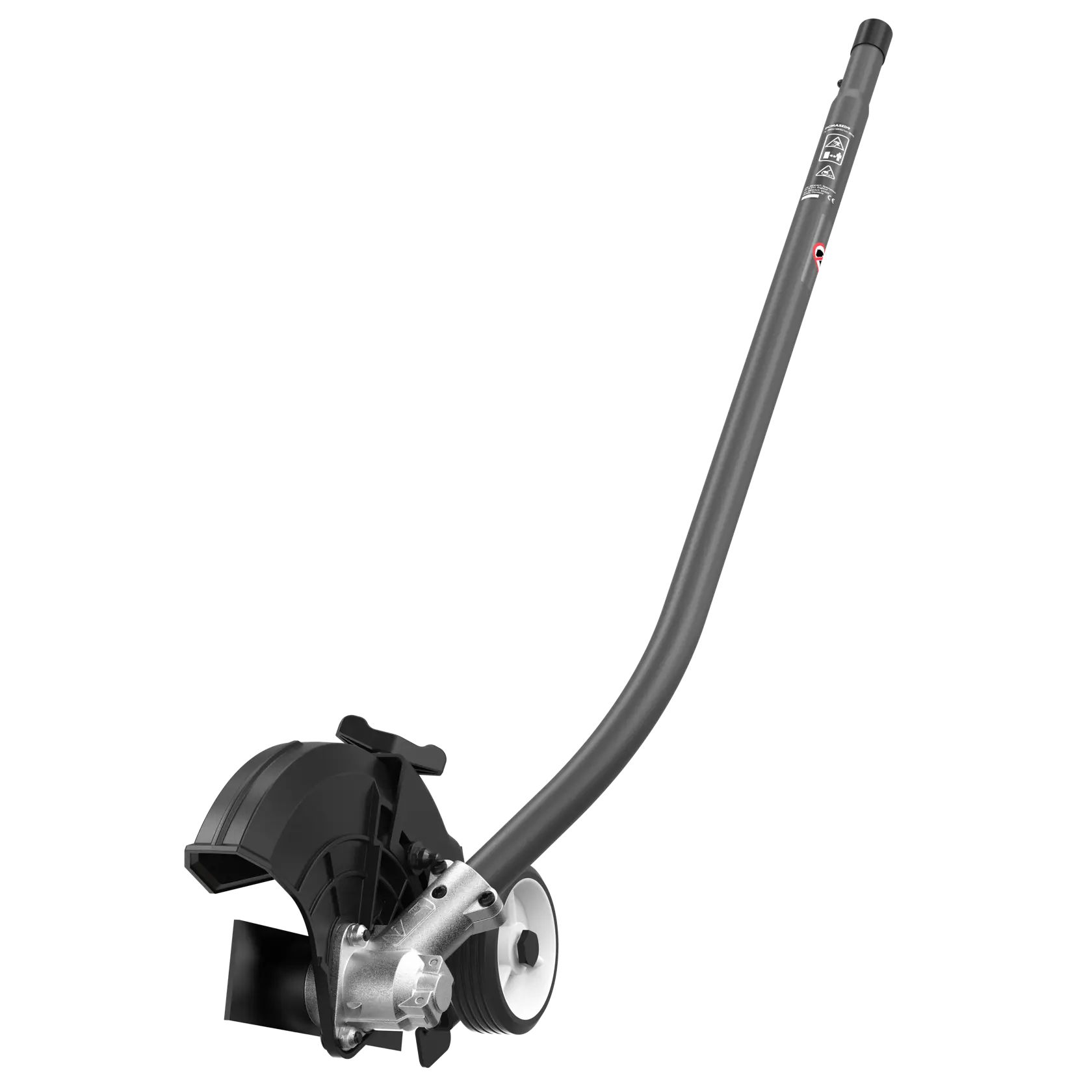 A DEWALT lawn edger attachment with a black blade guard, metal wheel, and curved gray shaft, designed for use with compatible outdoor power tools.