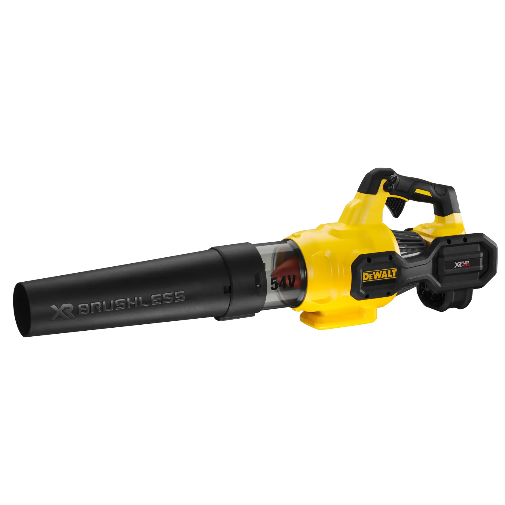A yellow and black cordless leaf blower with 'XR Brushless' and 'DEWALT' branding visible on the side.