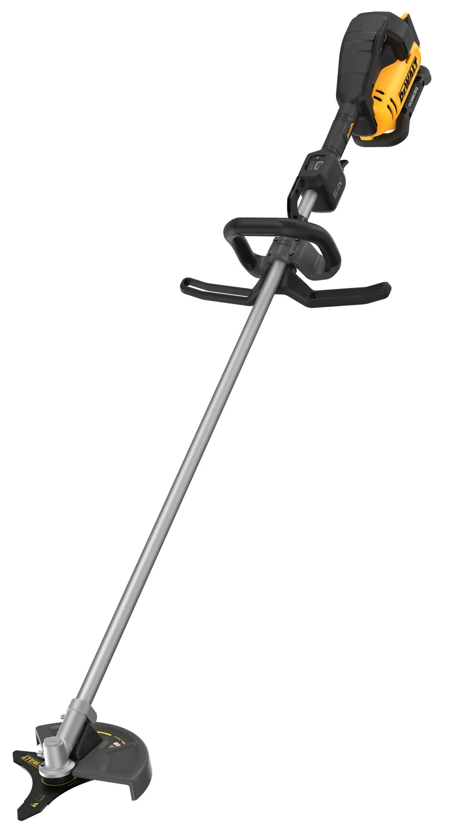 A cordless brush cutter with a long metallic shaft, black and yellow handle, and protective guard at the cutting blade.